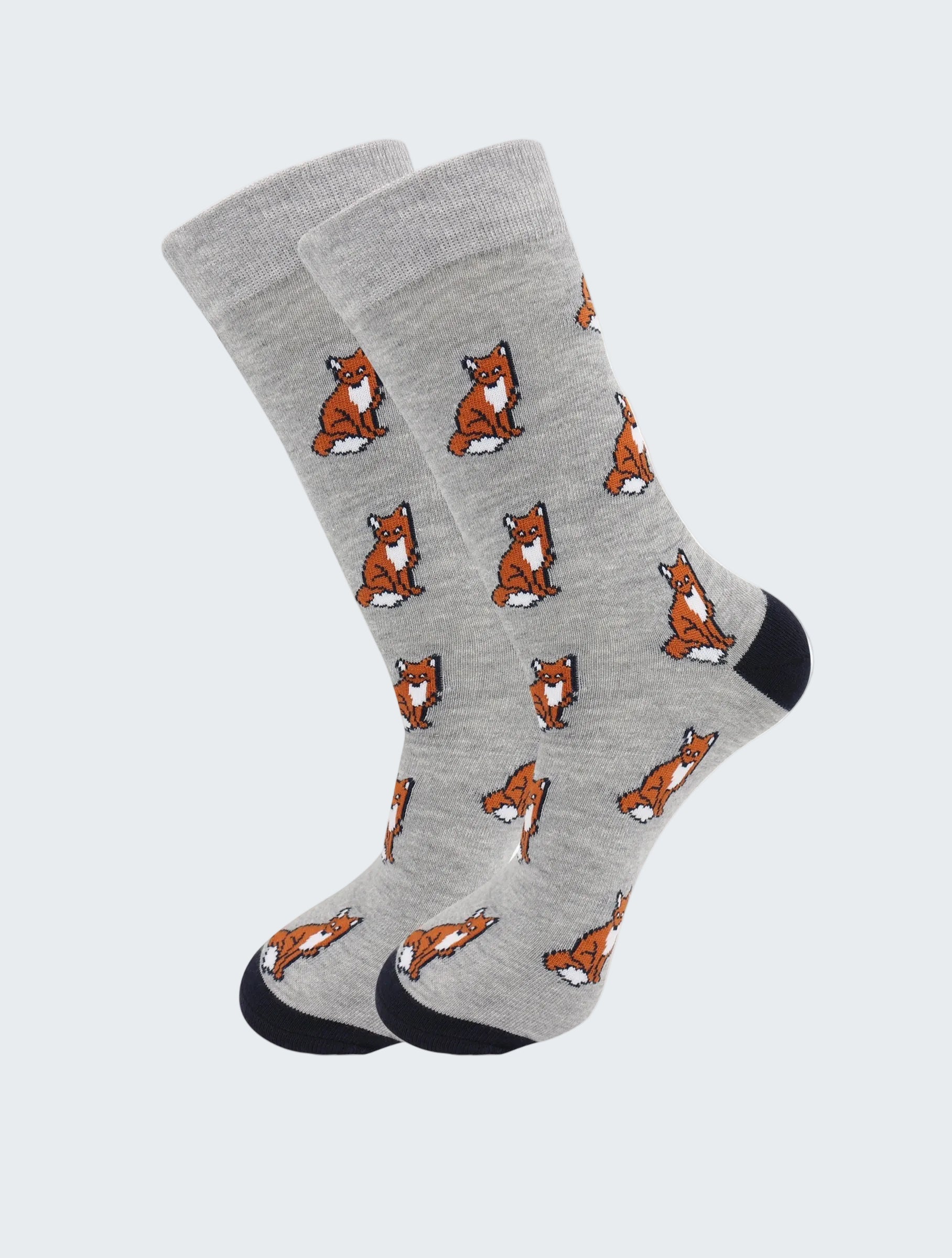 Gray socks with fox pattern on a white background