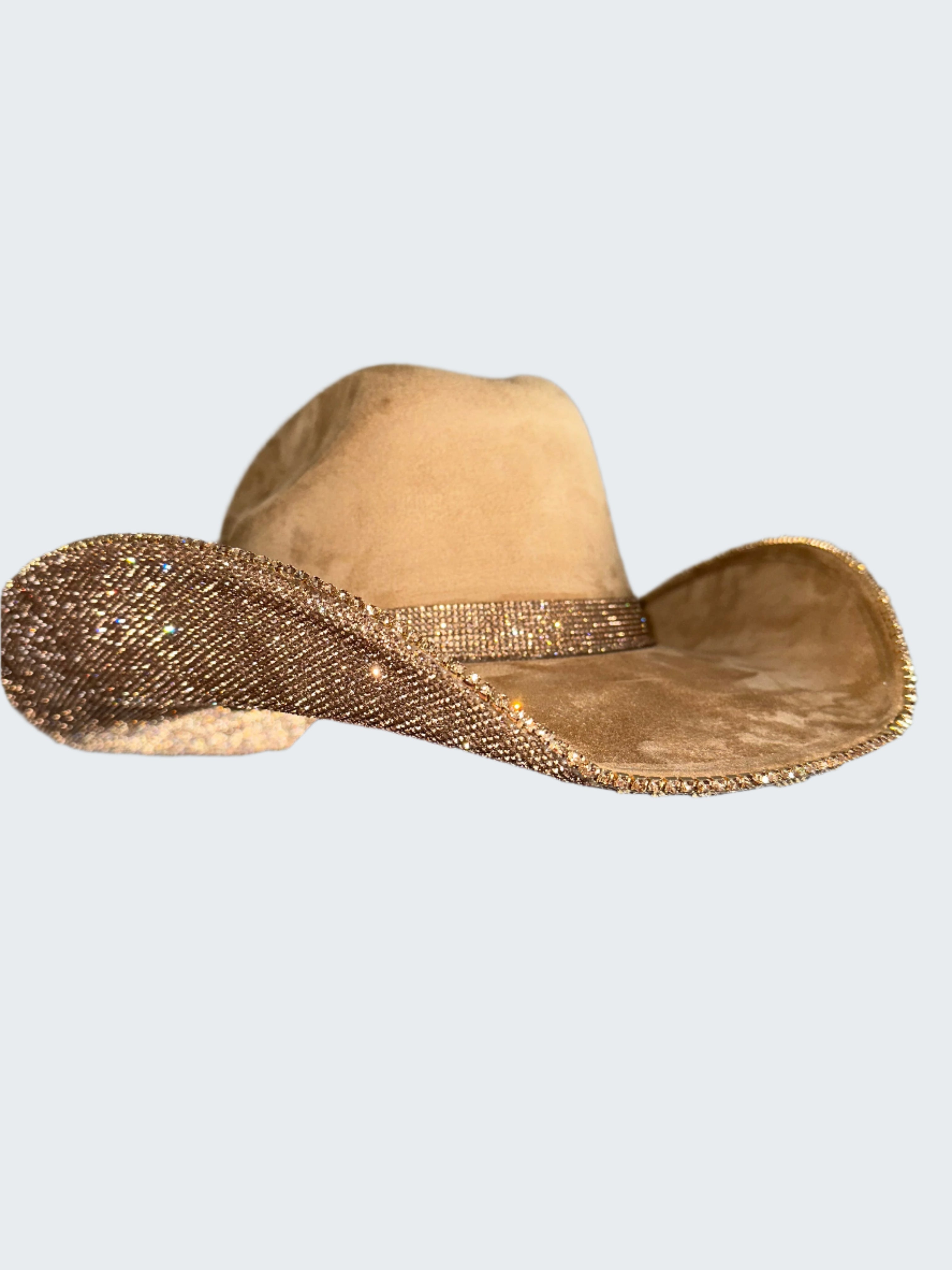 Beige cowboy hat with a wide brim held by a hand against a neutral background