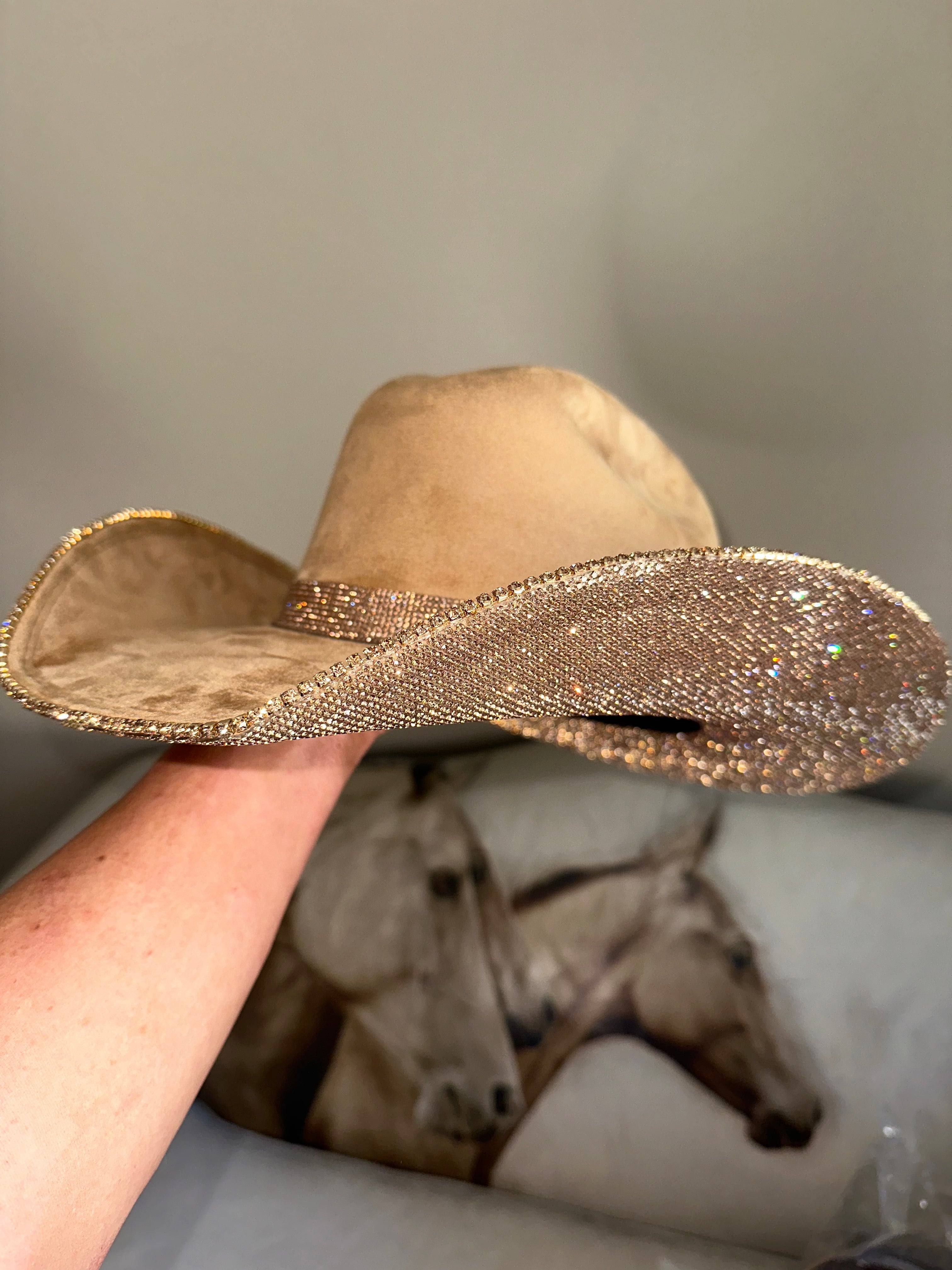 Beige cowboy hat with a glittery band held by a hand against a blurred background