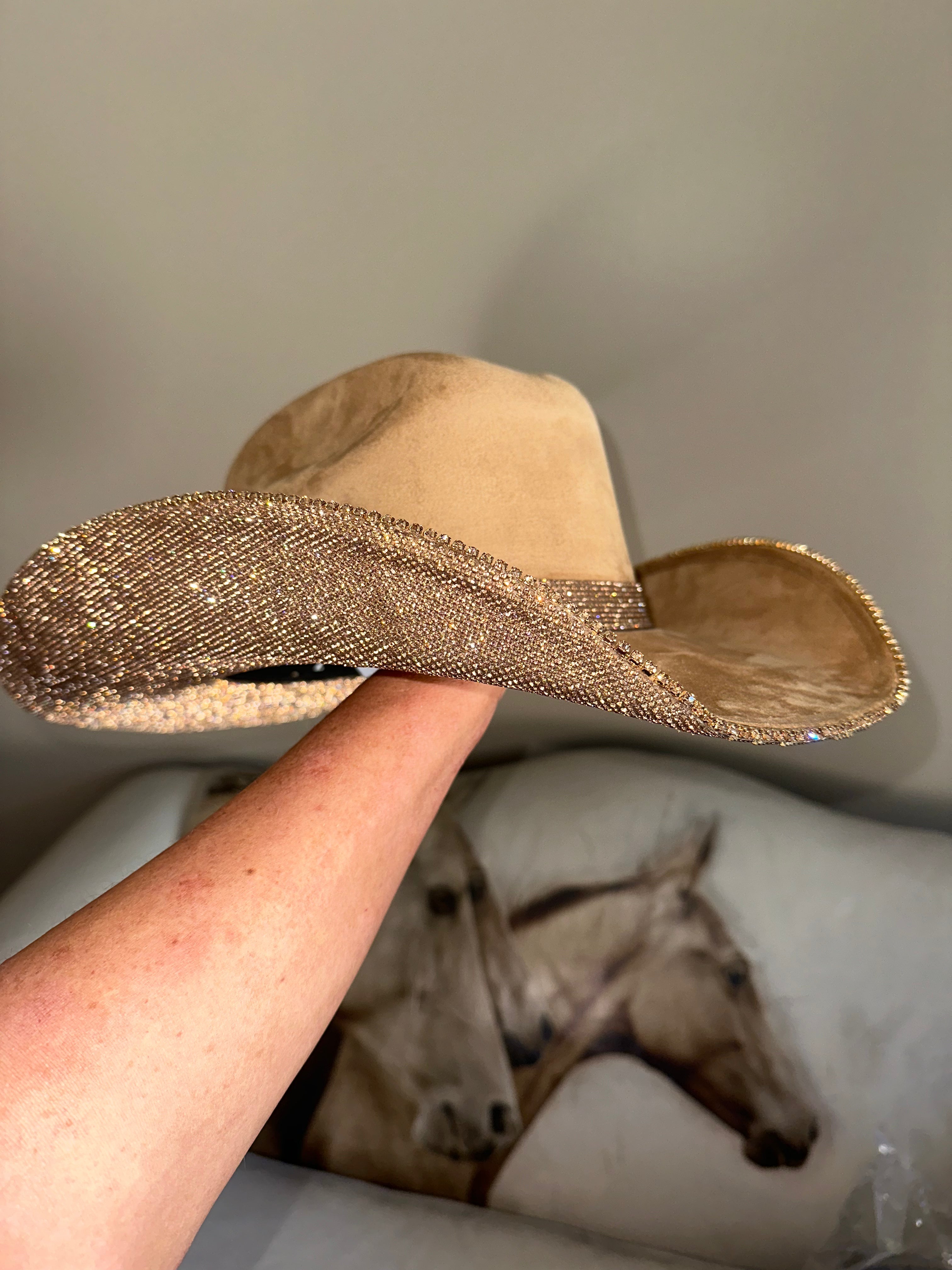 Beige cowboy hat with gold trim held by a hand against a neutral background