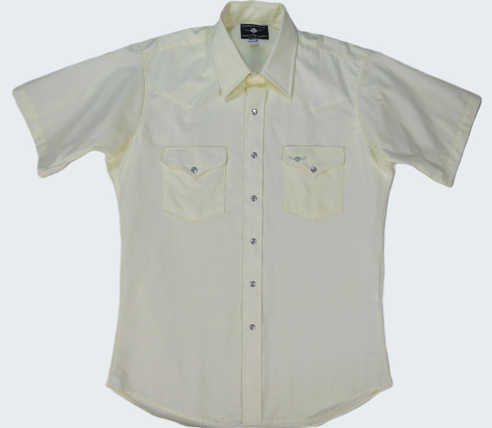 Light-colored short-sleeve shirt with button details on a white background