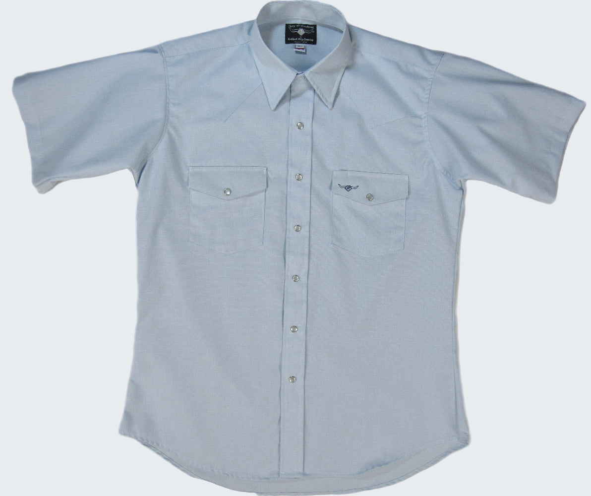 Light blue short-sleeve shirt with two pockets on a white background
