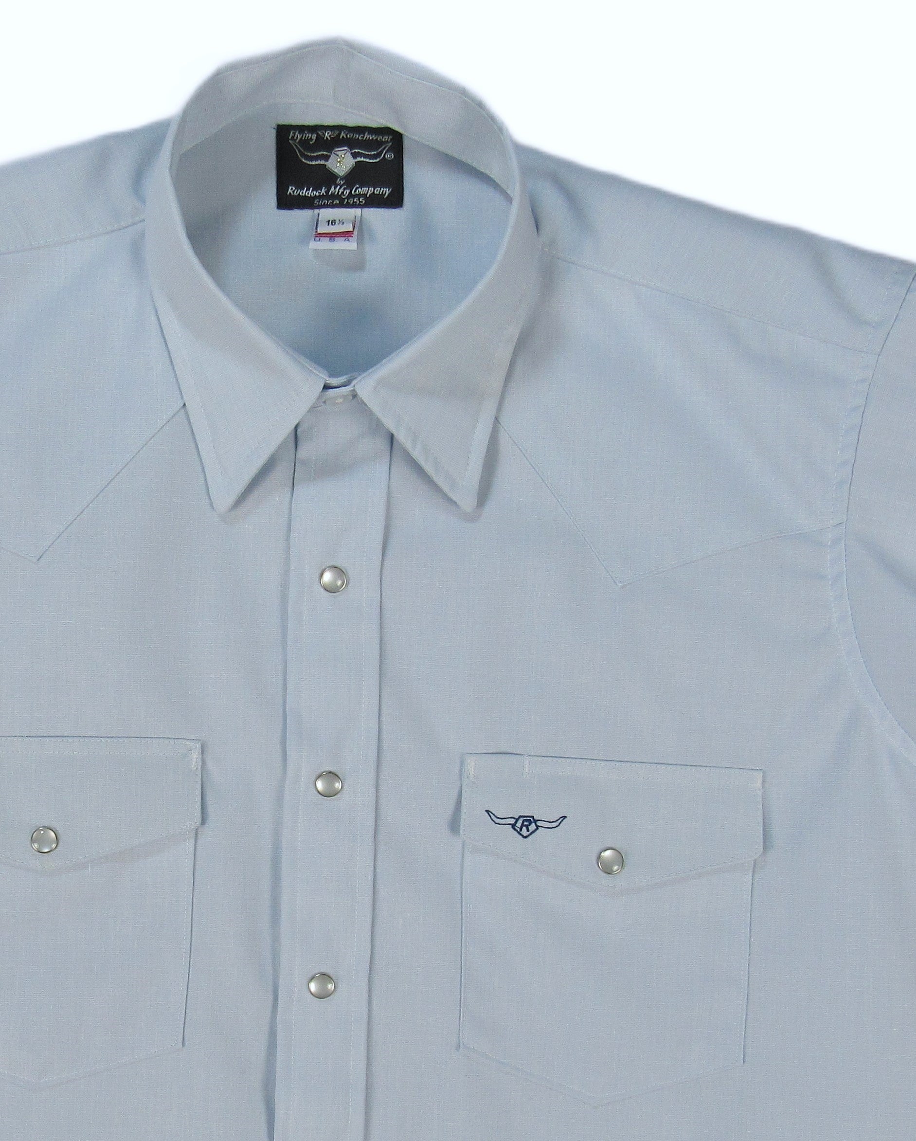 Light blue shirt with collar and button details on a white background
