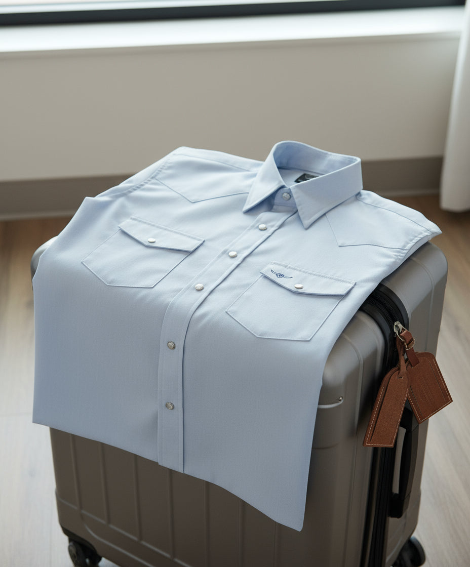 Light blue shirt with collar and button details on a white background