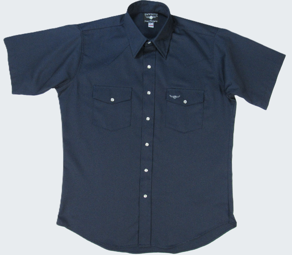 Navy blue short-sleeve shirt with two pockets on a white background