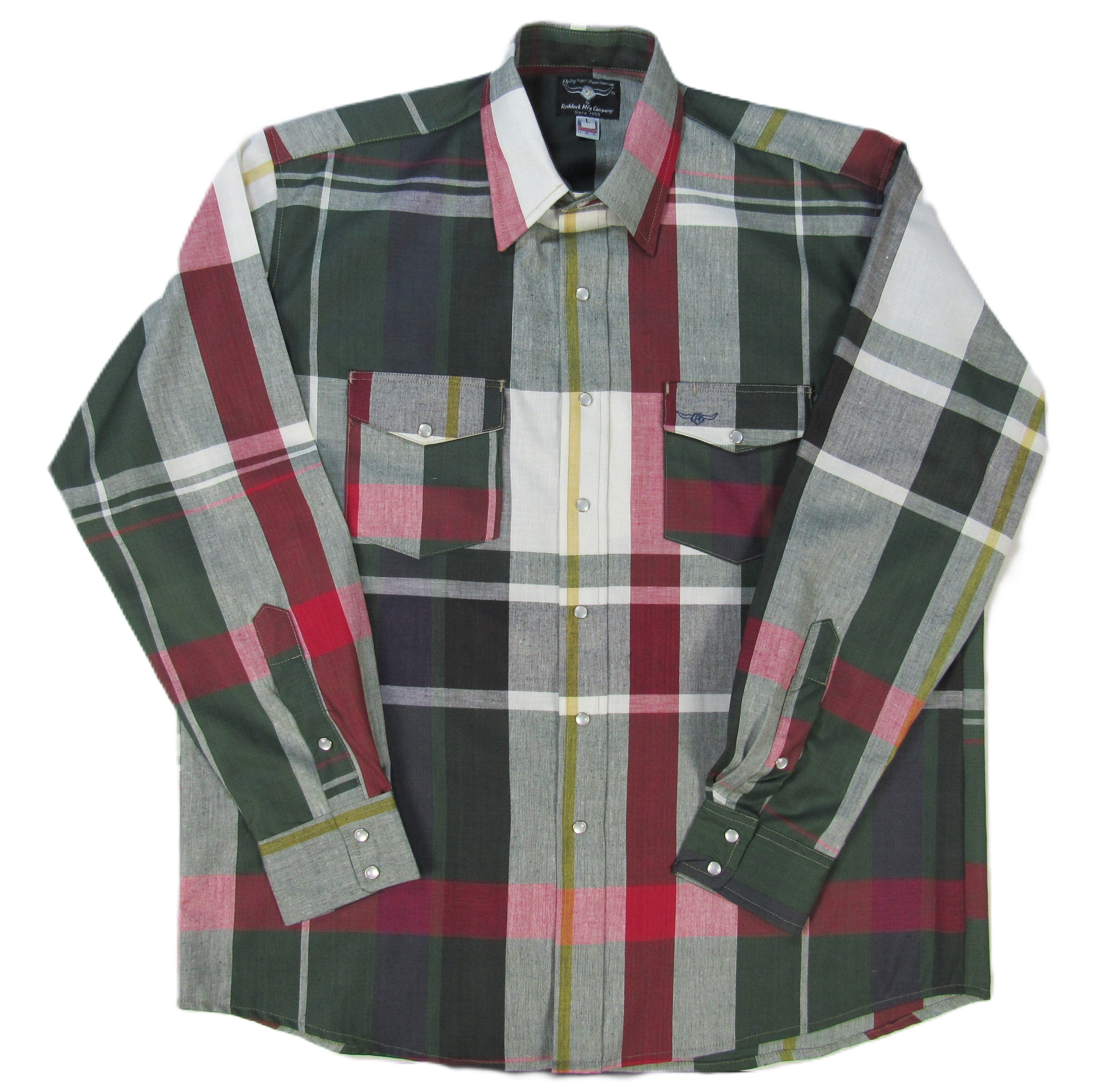 Plaid shirt with green, red, and gray pattern on a white background