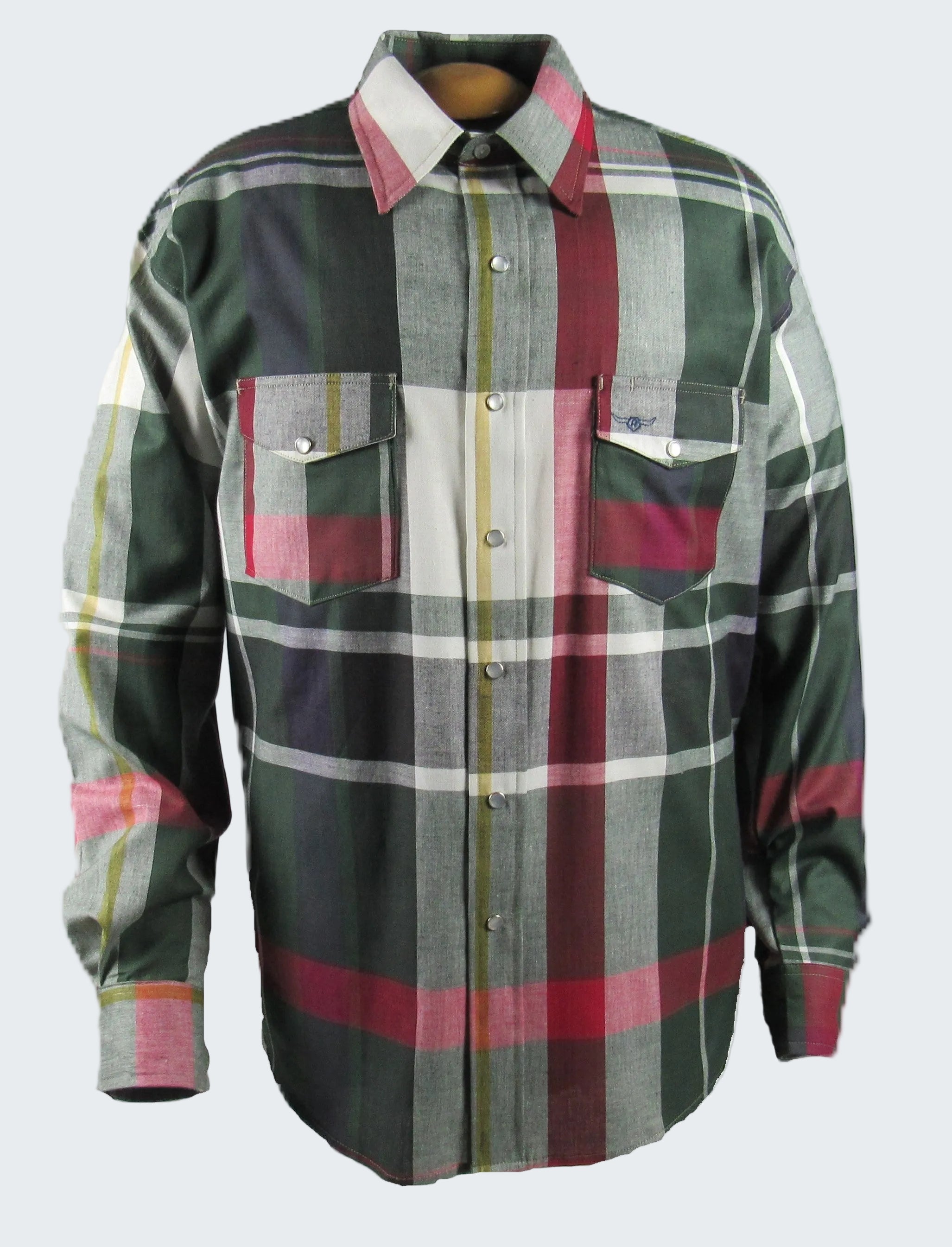 Plaid shirt with green, red, and gray pattern on a white background