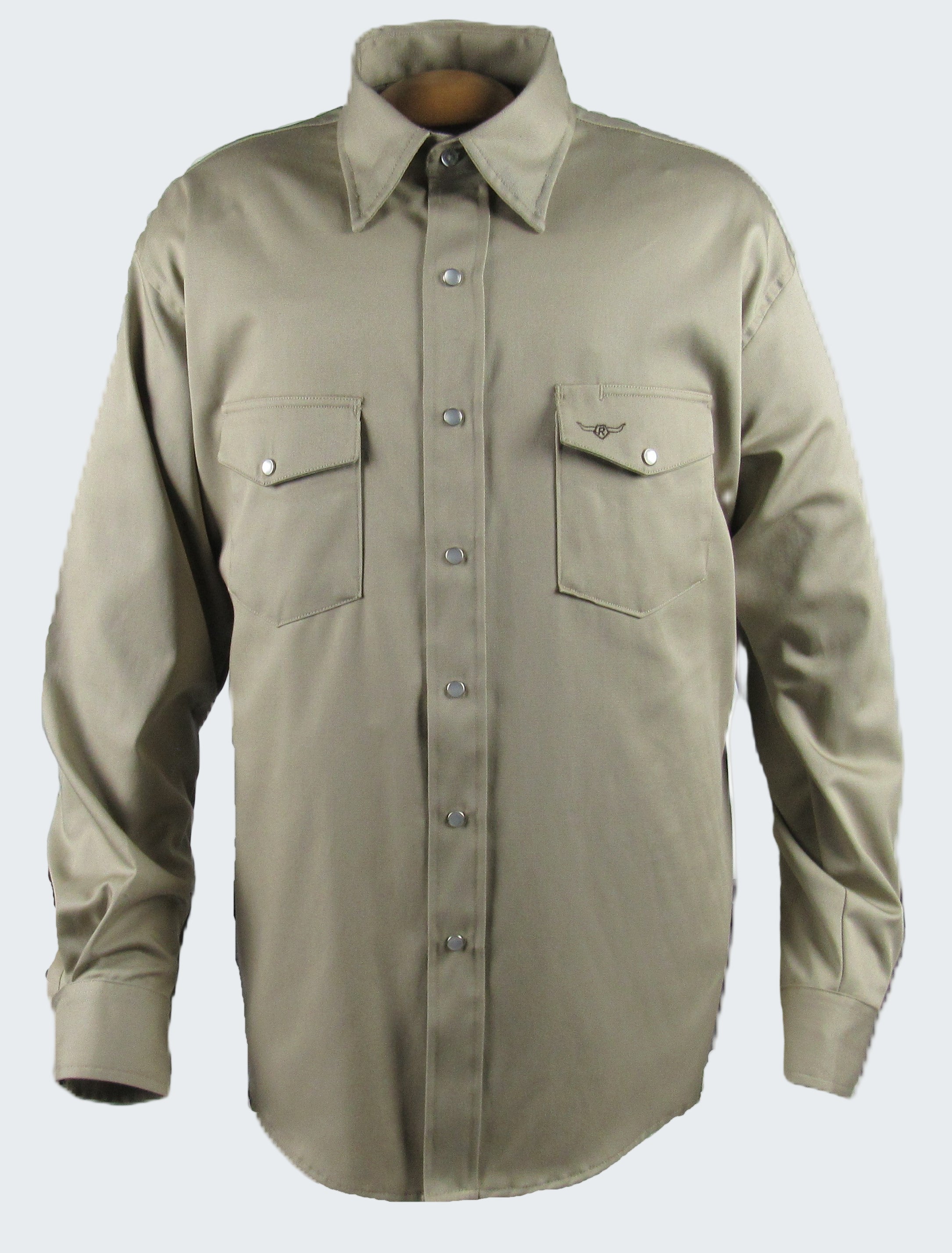 Beige button-up shirt with two front pockets on a white background
