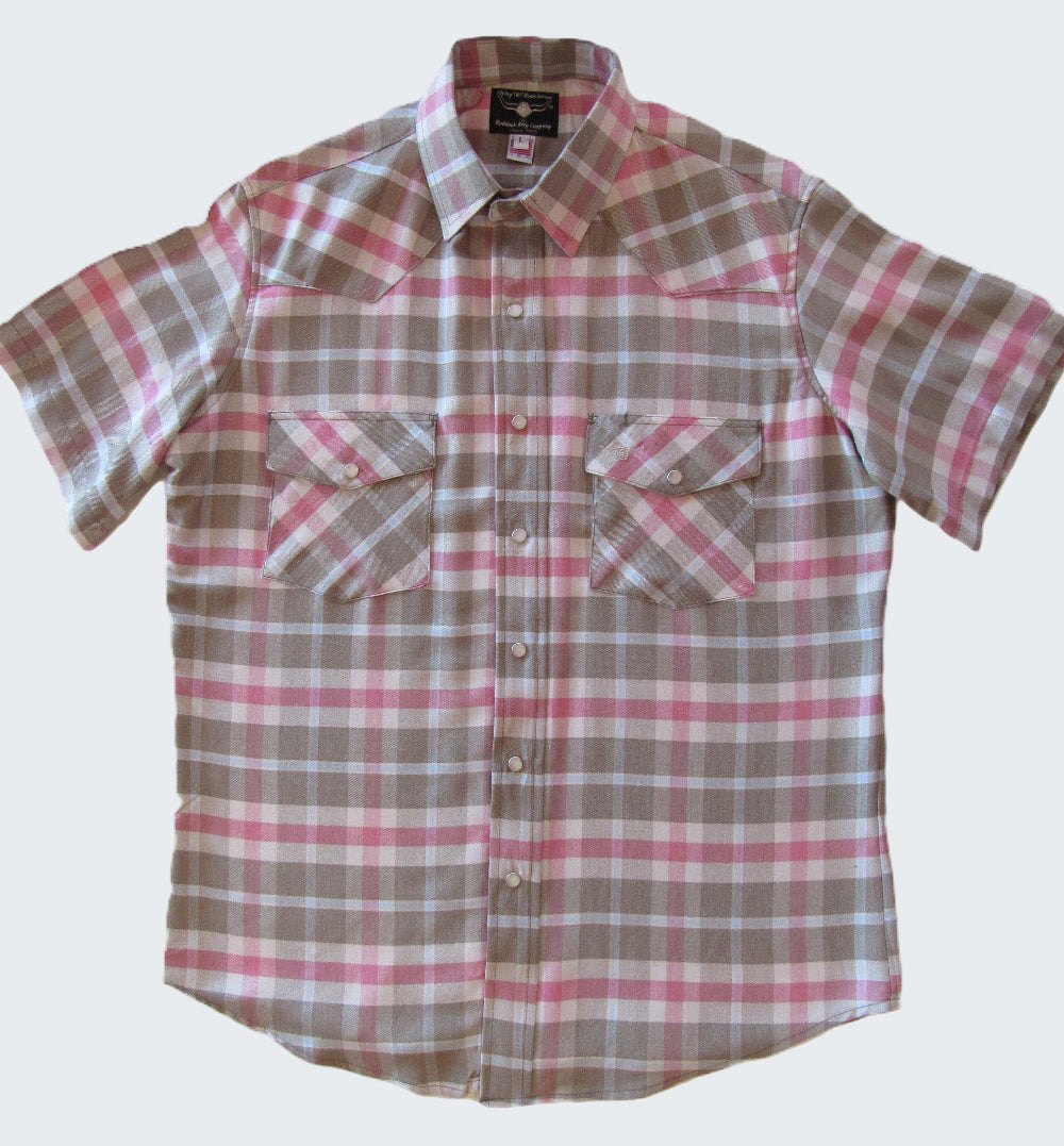 Plaid short-sleeve shirt with a brand label on a white background
