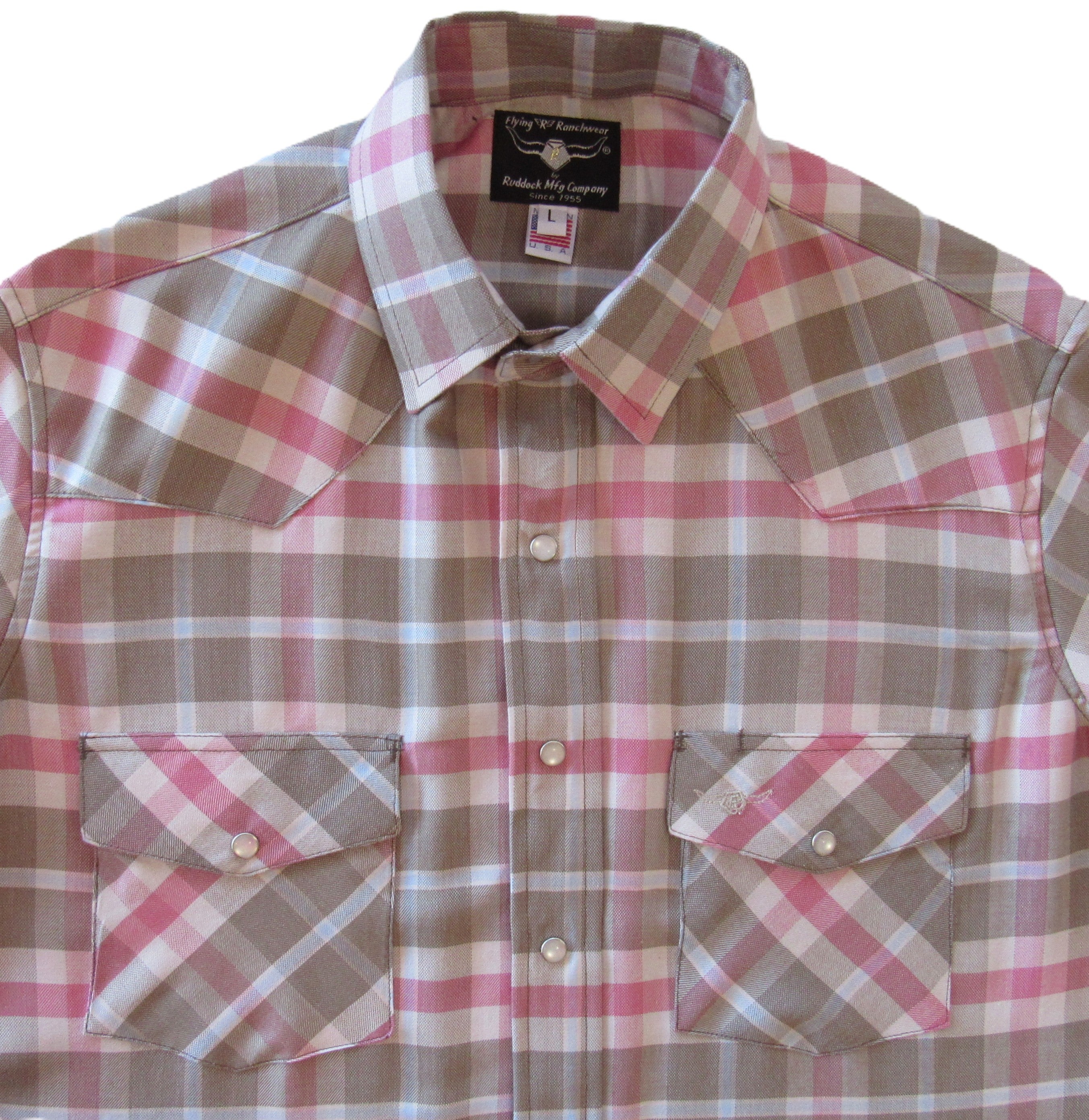 Plaid shirt with pink and brown pattern on a white background