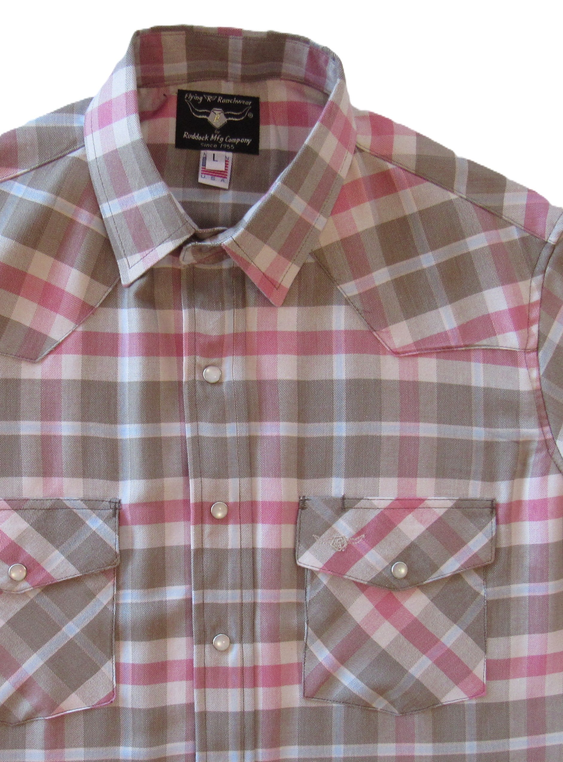 Plaid shirt with brown, pink, and white pattern on a white background