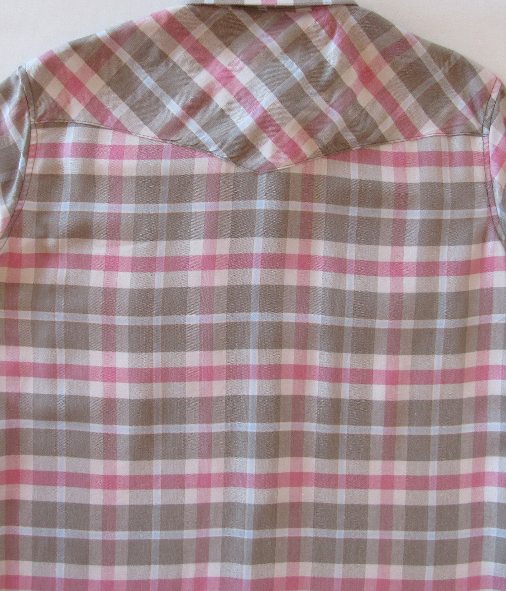 Plaid shirt with pink and brown pattern on a white background