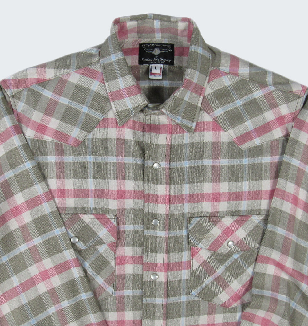 Plaid shirt with pink and green pattern on a white background