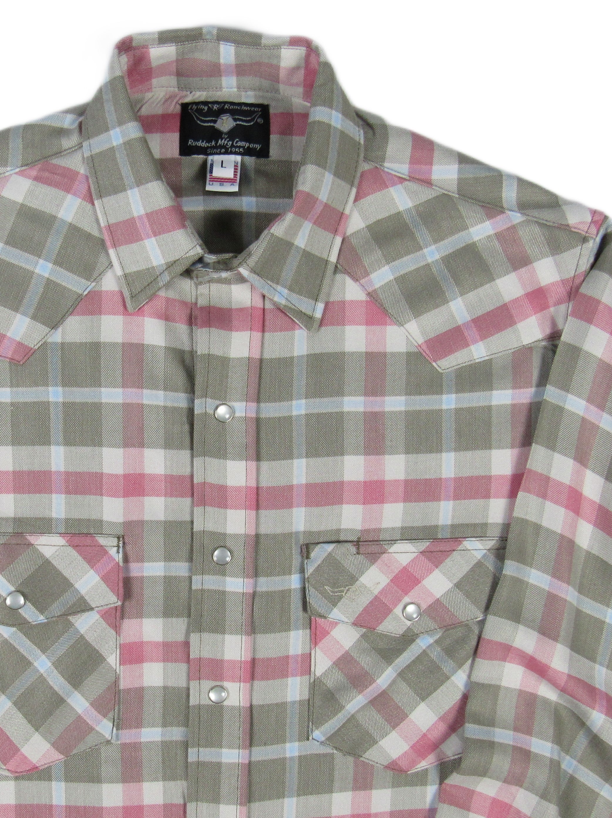 Plaid shirt with pink and beige pattern on a white background