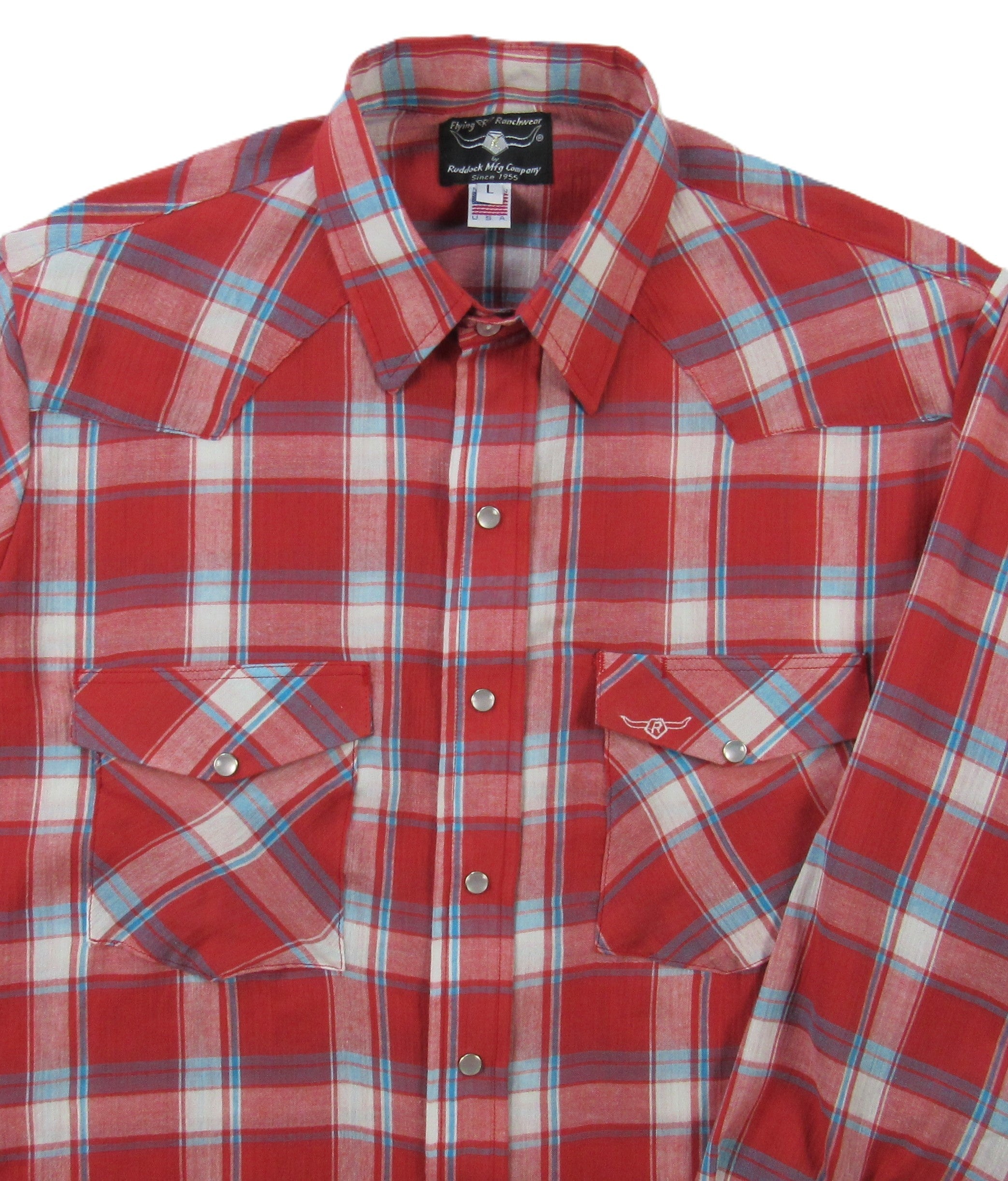Red plaid shirt with a brand label on a white background