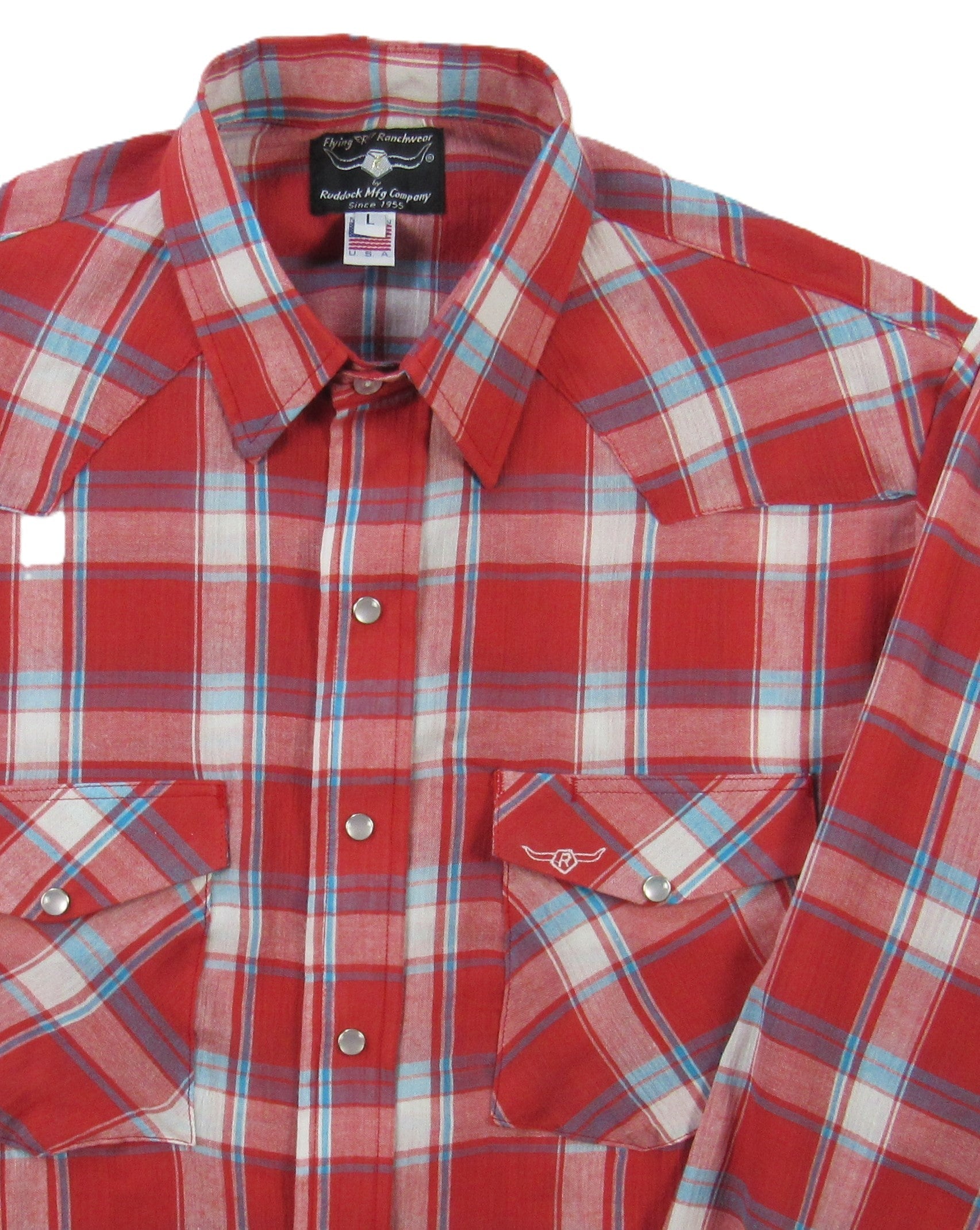 Red plaid shirt with visible brand label on a white background