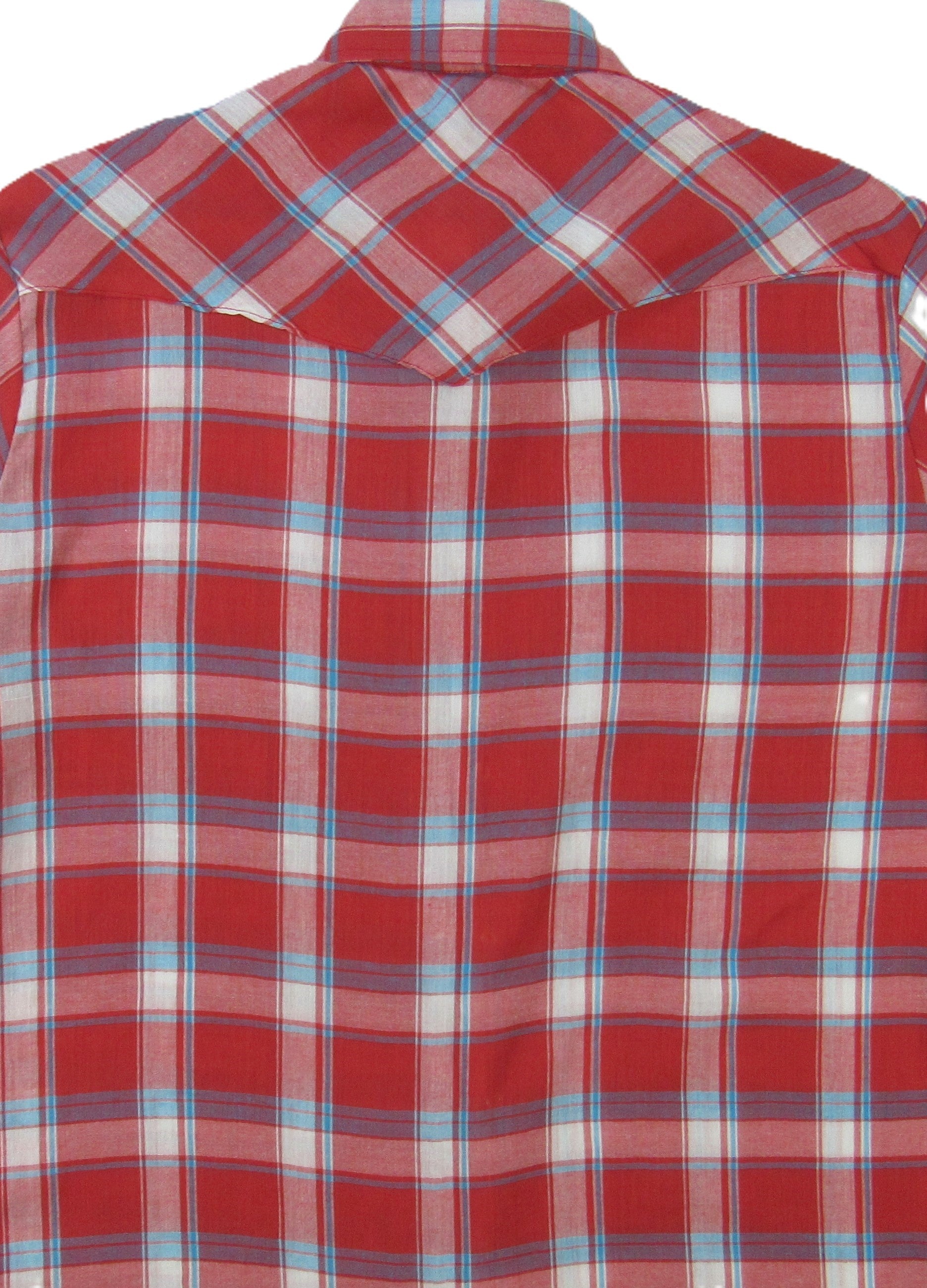 Red and blue plaid shirt with a close-up view