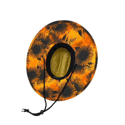 Floral-patterned hat cover with a black strap on a white background
