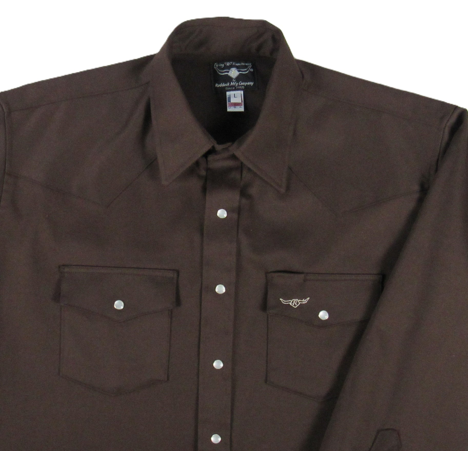 Brown shirt with two front pockets and a collar on a white background