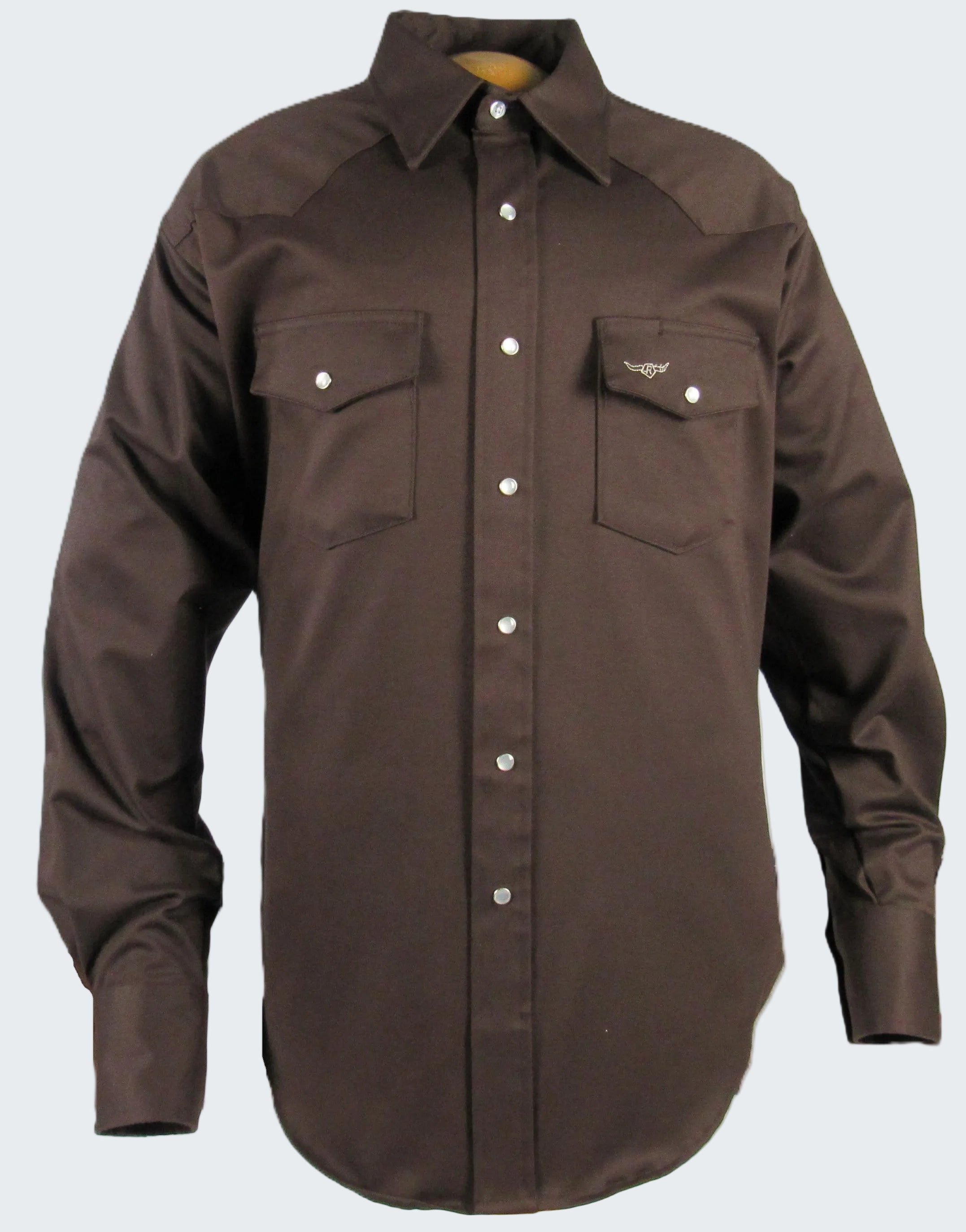 Brown work shirt with button details on a white background