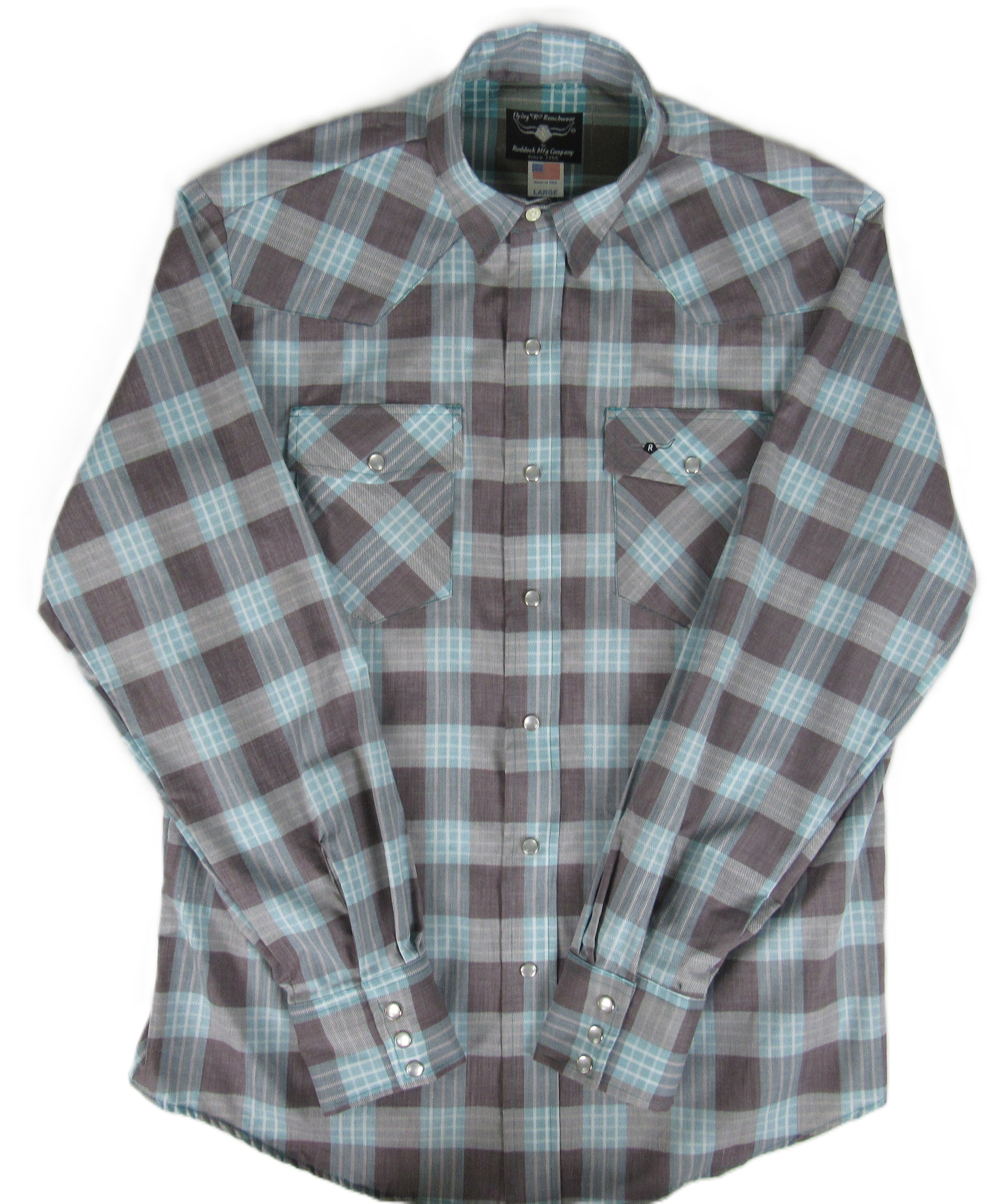 Plaid shirt with gray and blue pattern on a white background