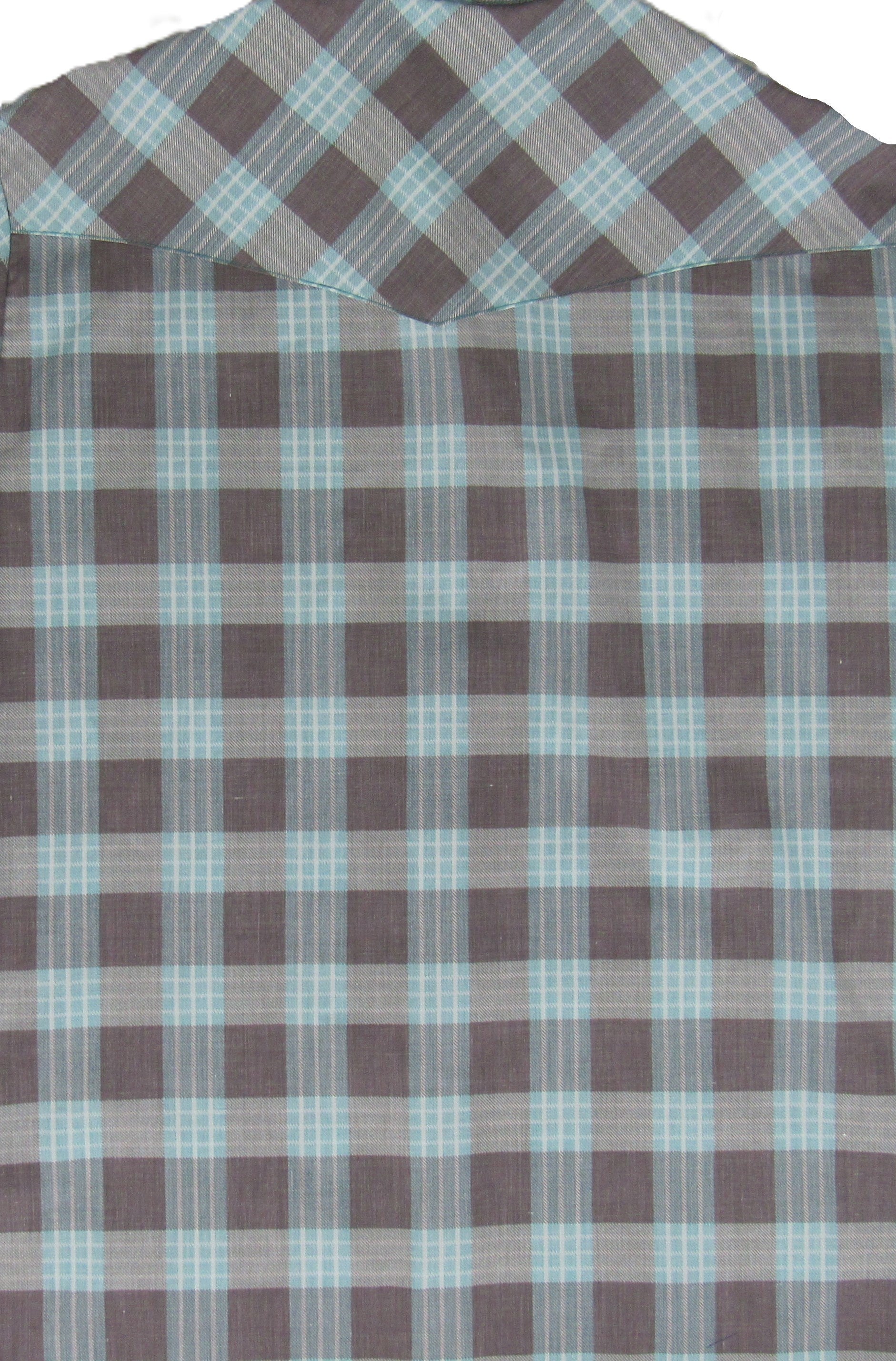 Plaid shirt with brown and light blue pattern on a white background