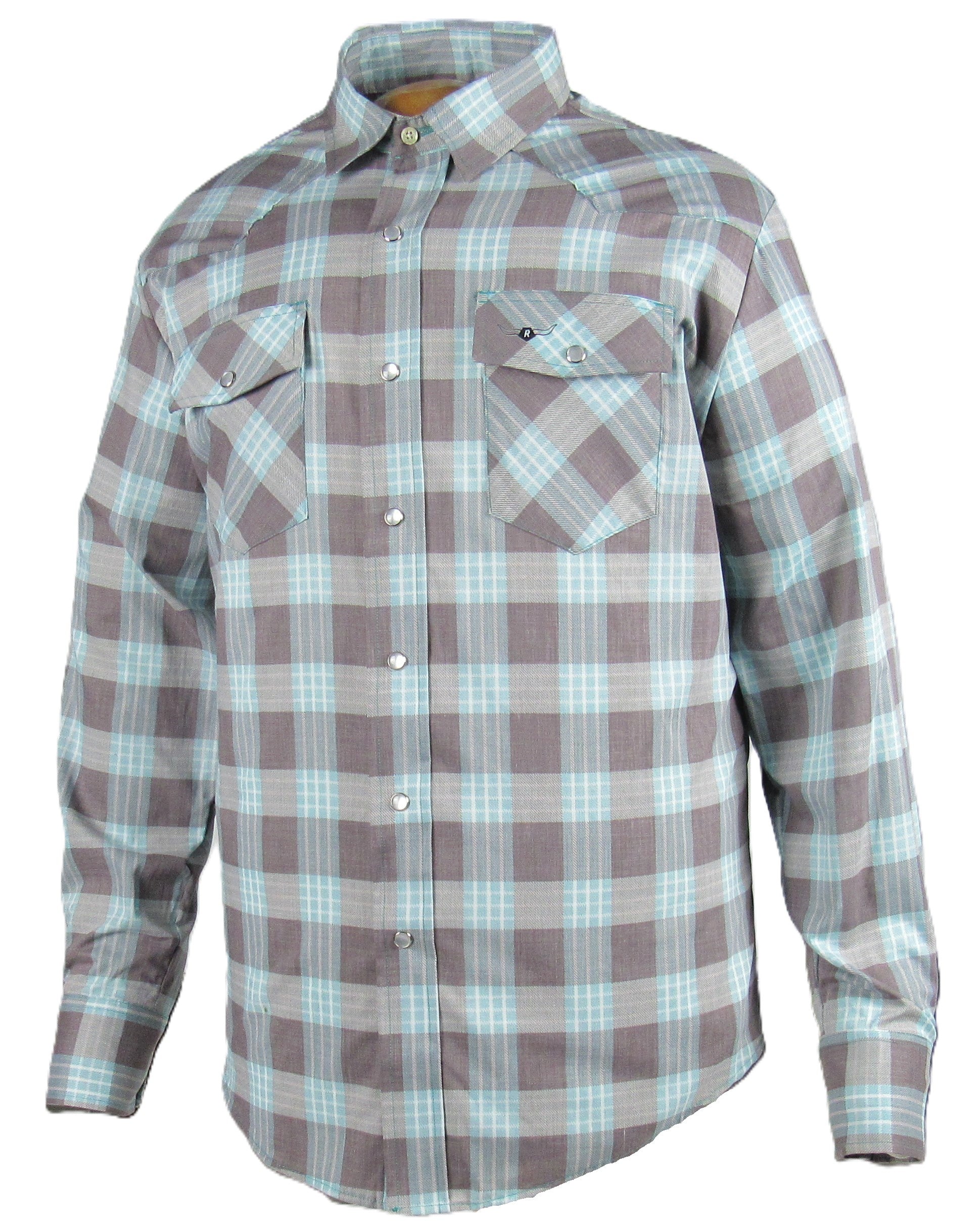Plaid shirt with a gray and green pattern on a white background