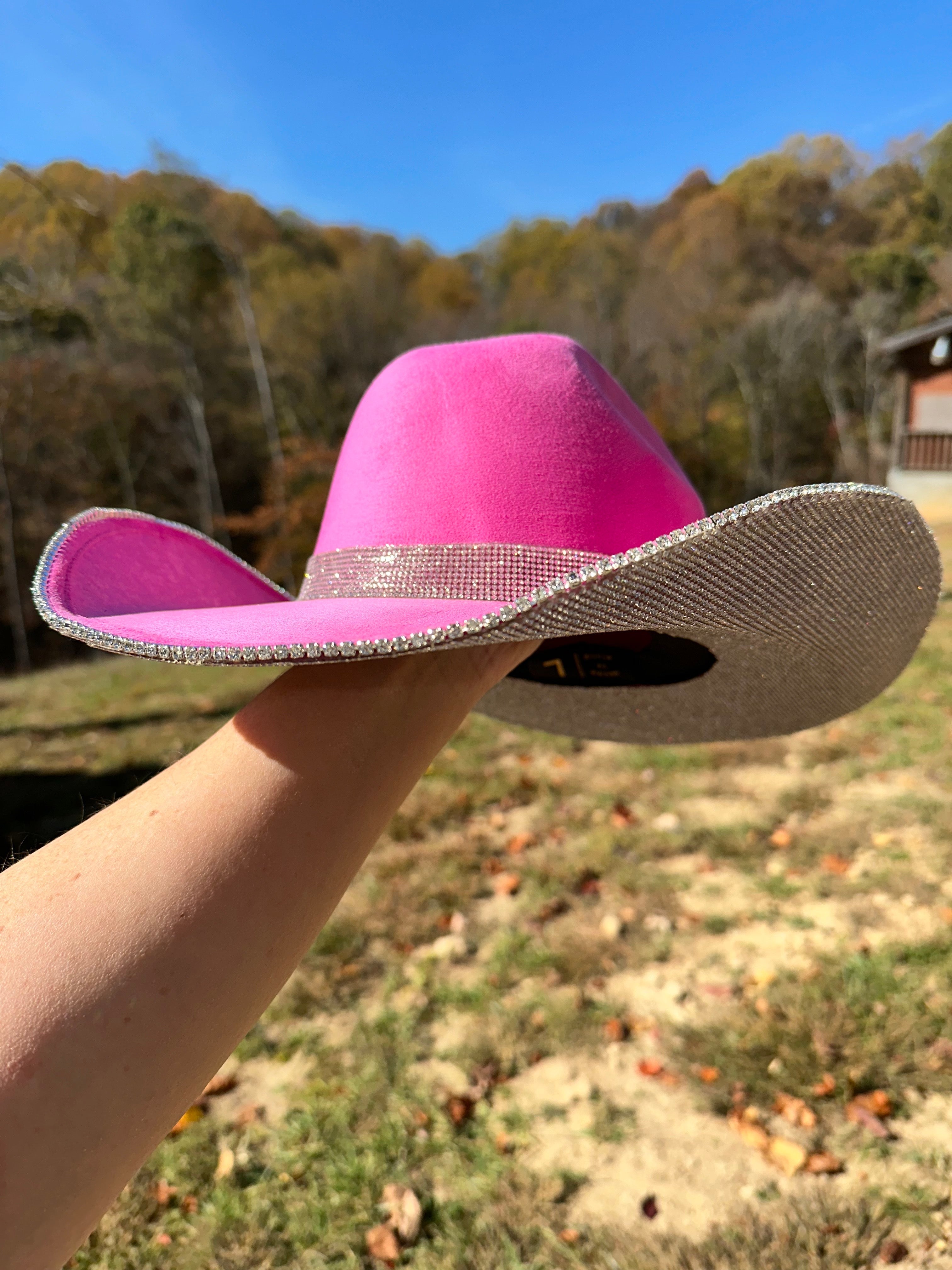 Pink cowboy hat with a silver band held by a hand against a natural background