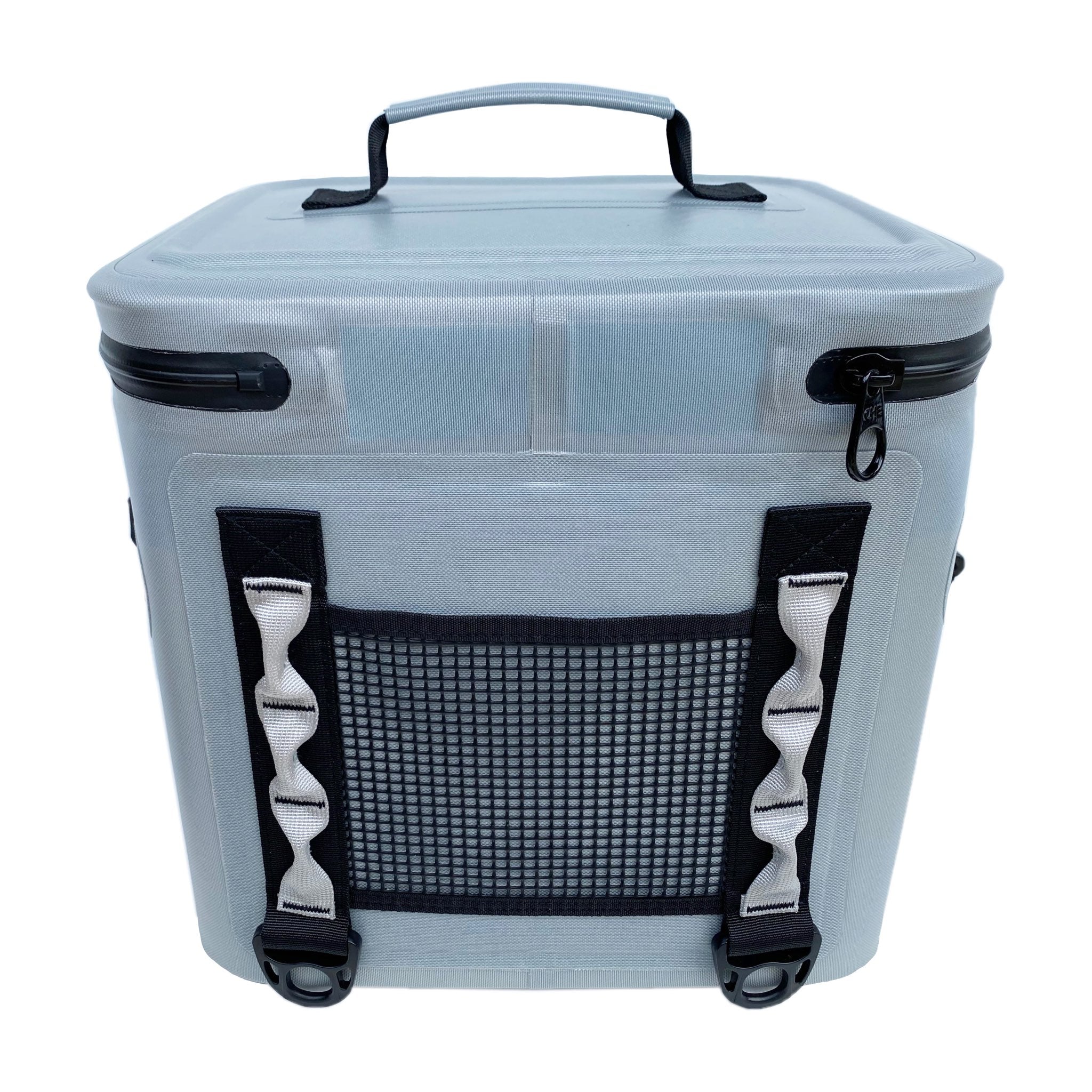 Light blue cooler bag with black straps and mesh pocket on a white background