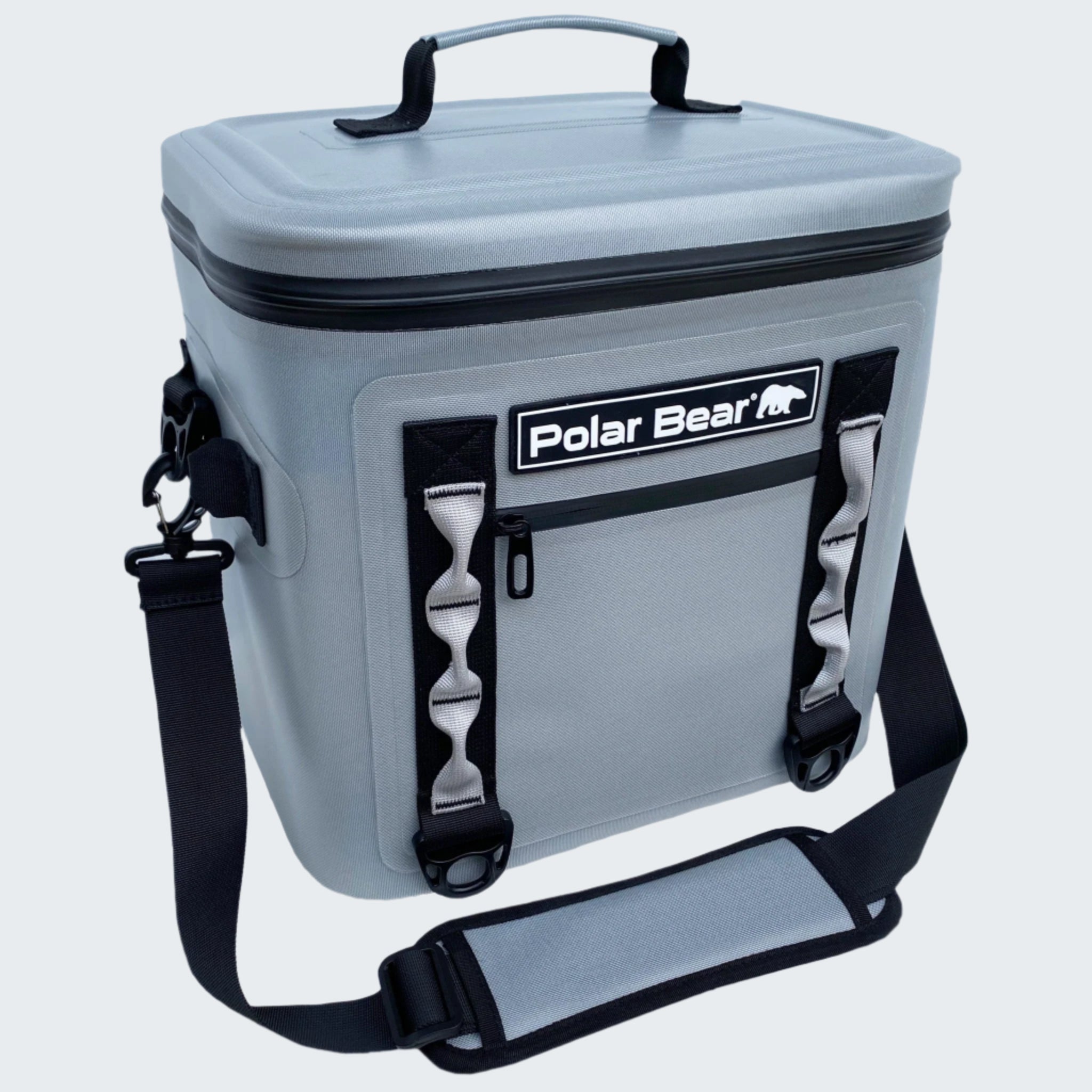 Gray cooler bag with 'Polar Bear' logo on a white background
