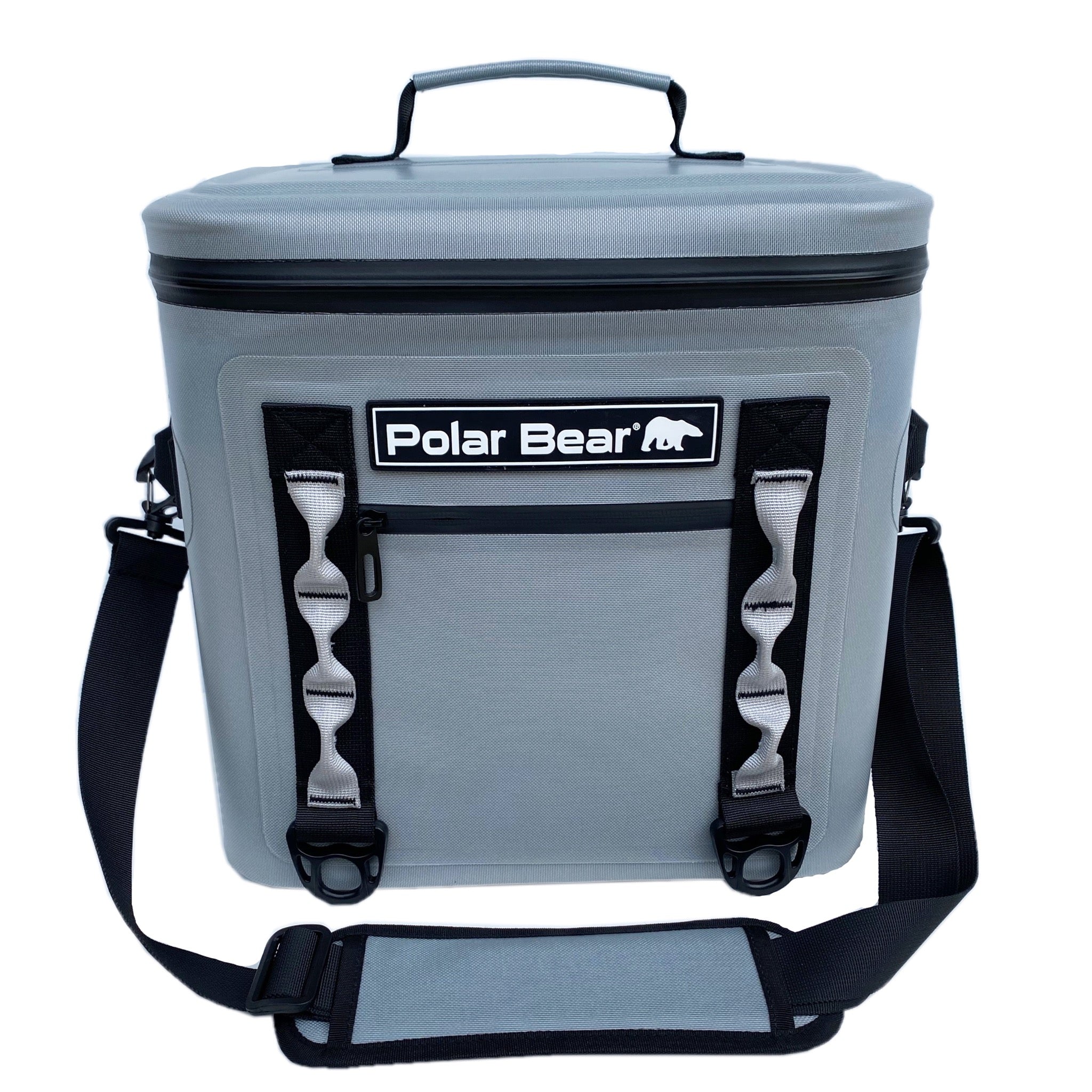 Gray cooler bag with black straps and 'Polar Bear' logo on a white background