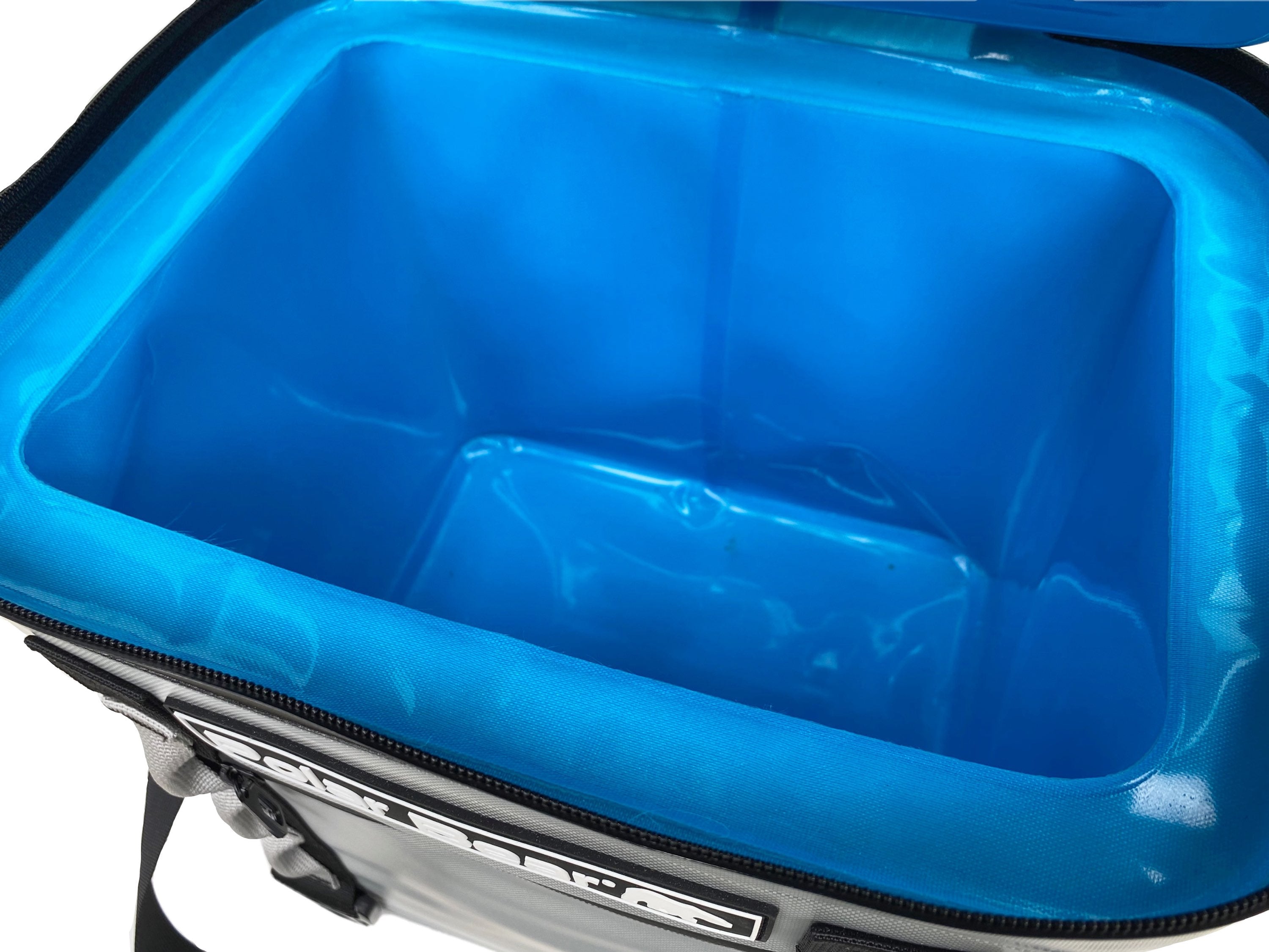 Blue cooler with a visible brand logo on a white background