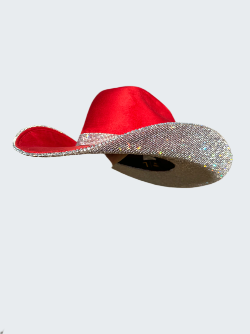 Red and silver glittery hat held by a person outdoors.