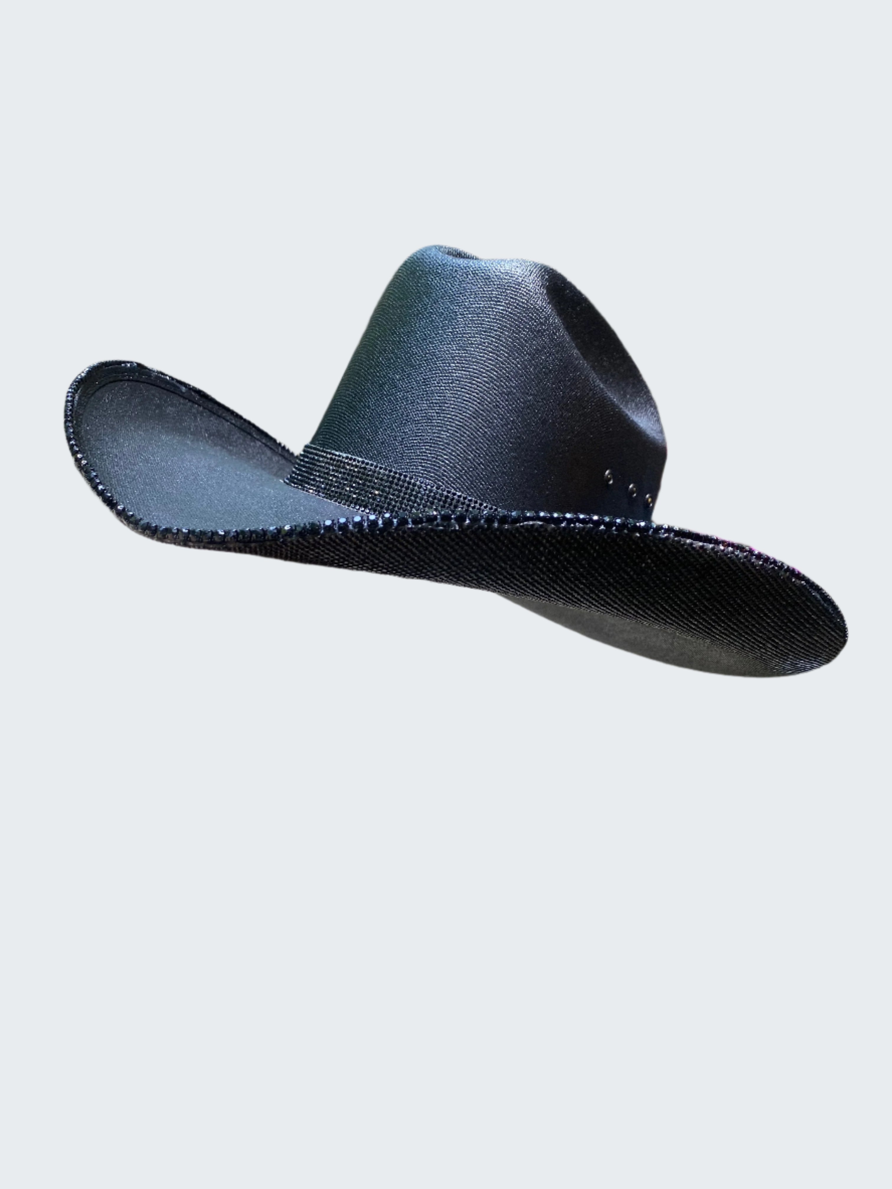 Black cowboy hat held by a person outdoors with a garden background