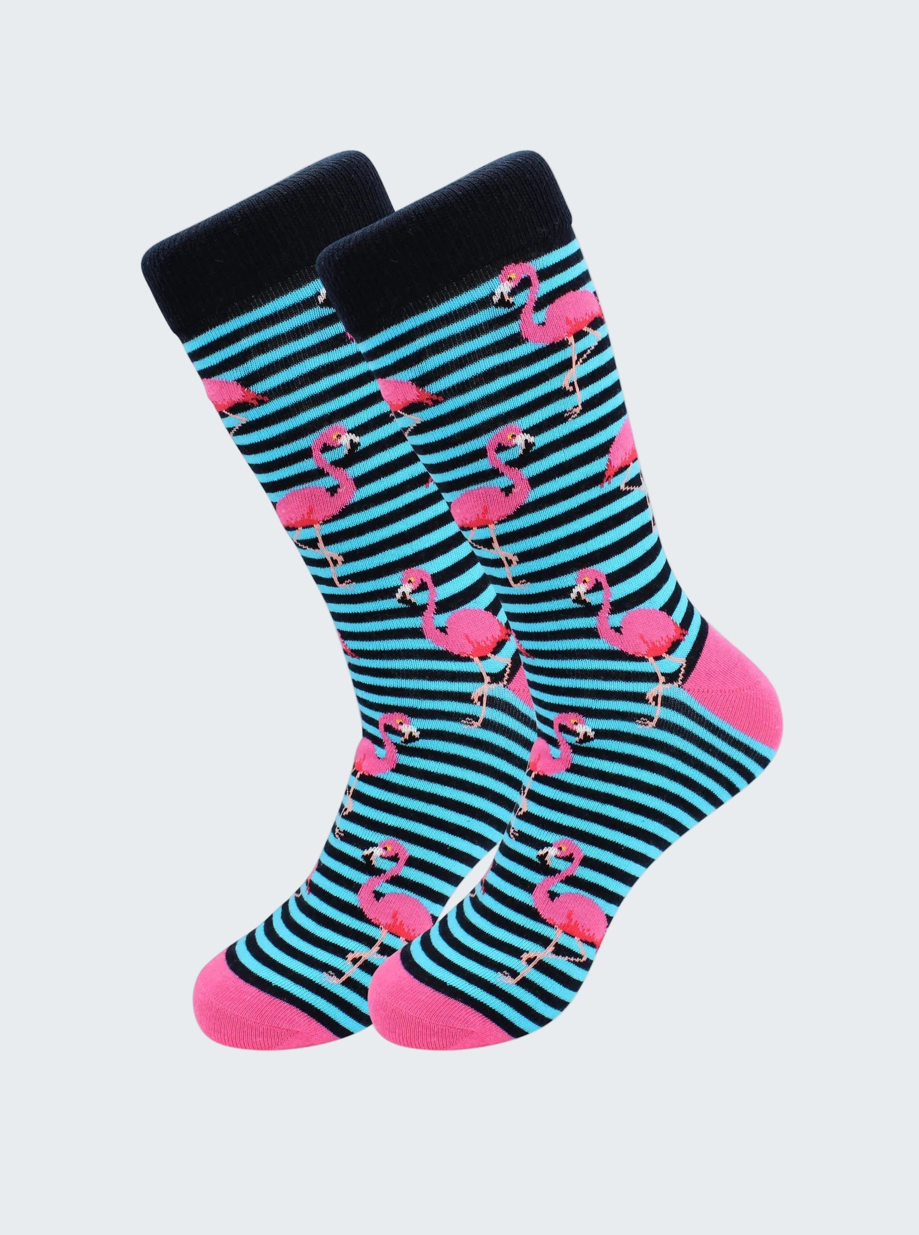 Pair of socks with flamingo pattern on a white background
