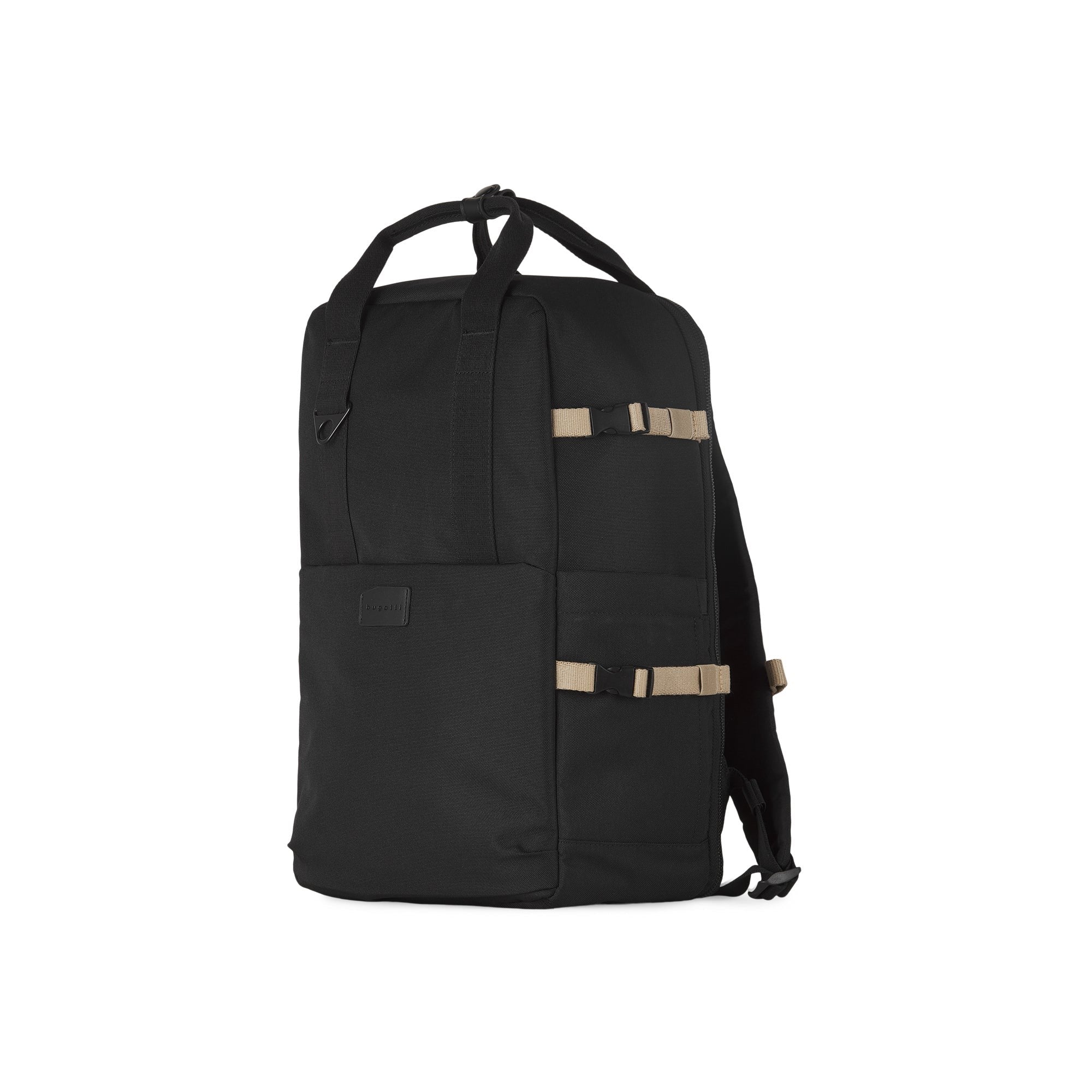 Black backpack with beige straps on a white background
