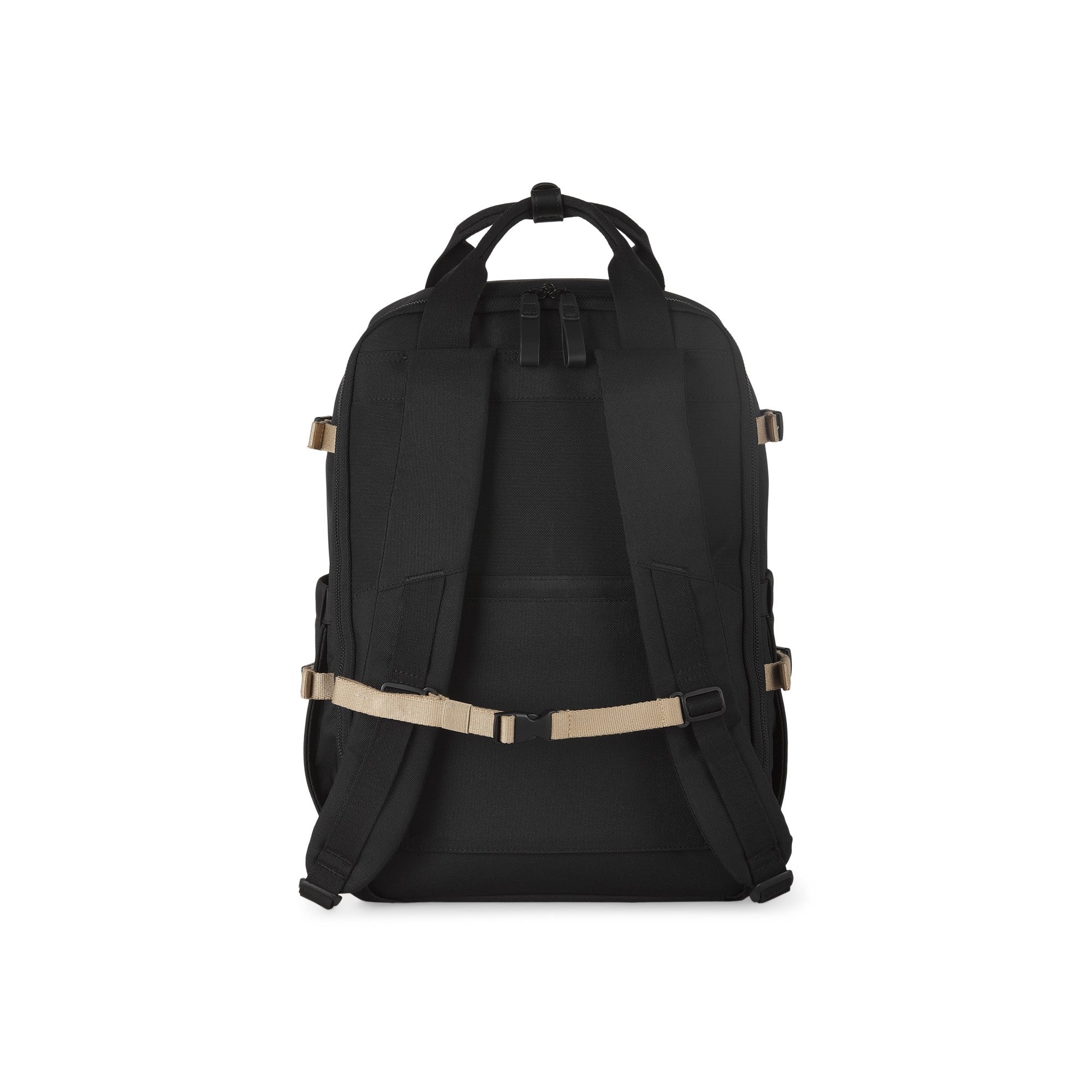 Black backpack with beige accents on a white background