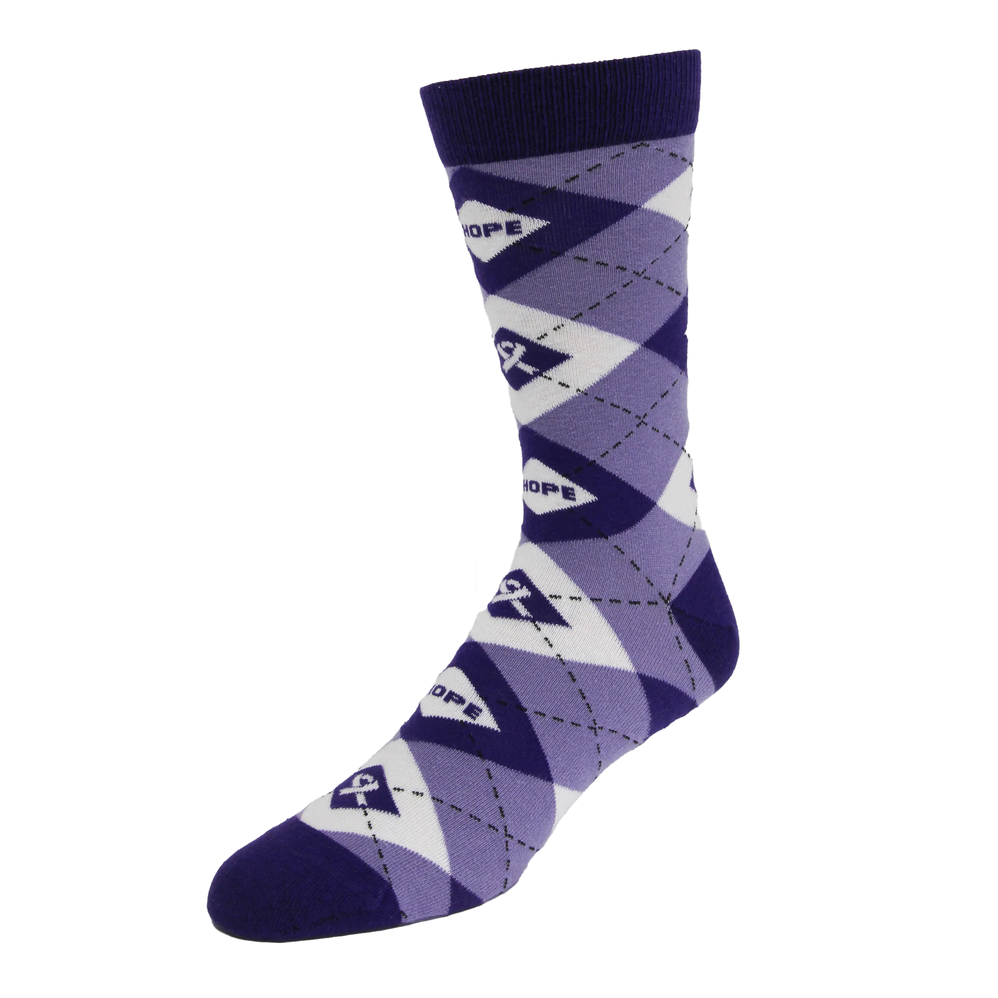 Purple and white argyle pattern sock on a white background