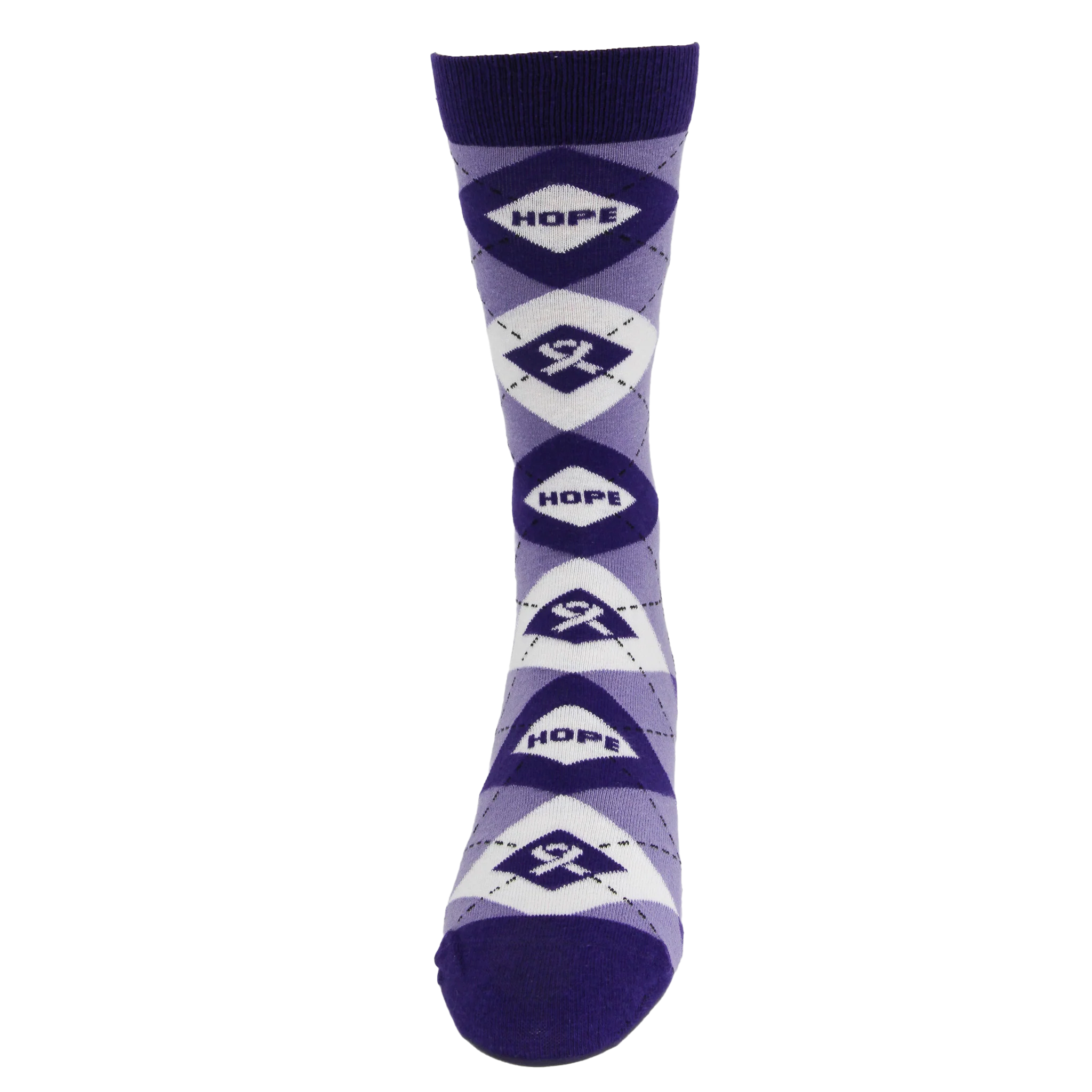 Purple and white sock with 'HOPE' text on a white background