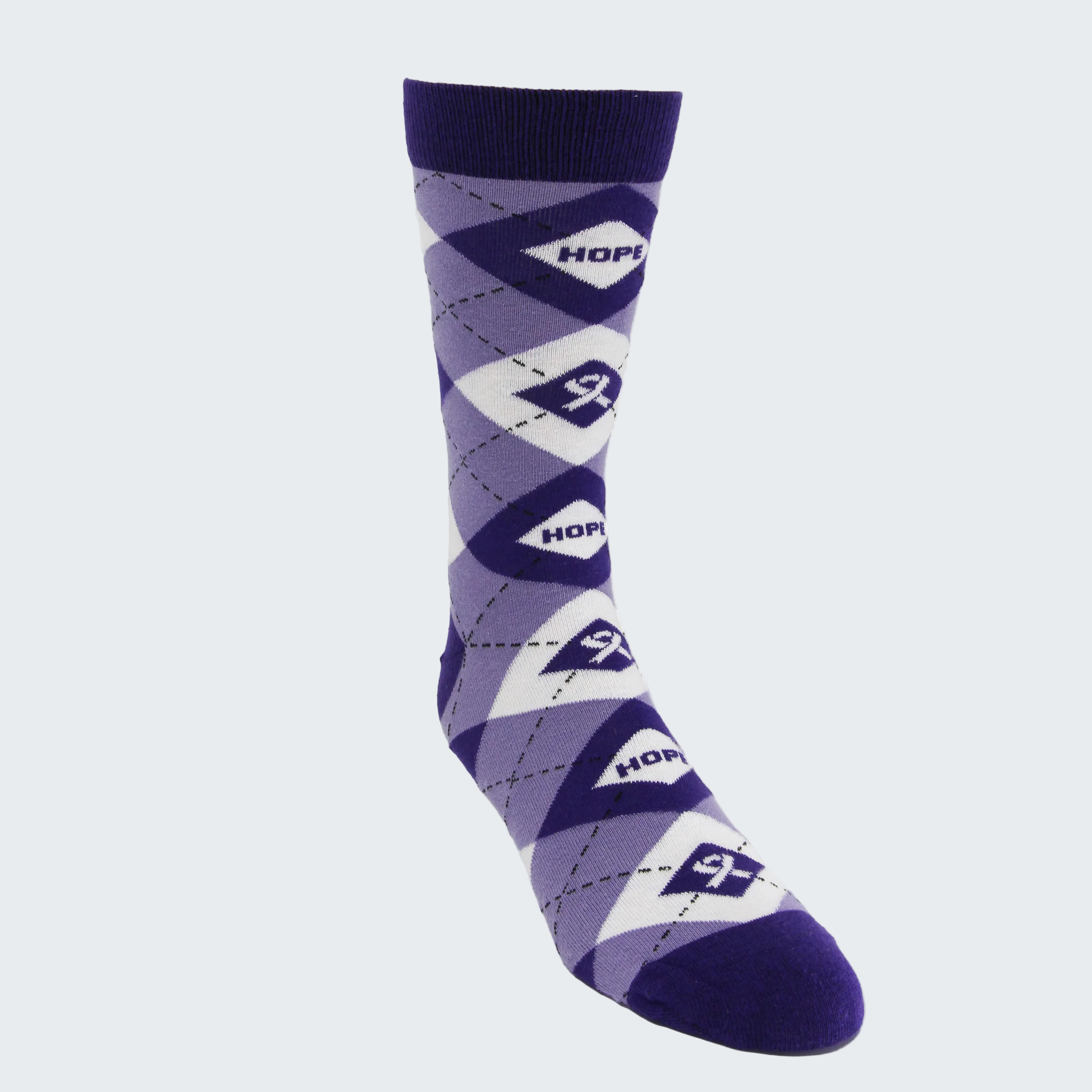 Purple argyle patterned sock with 'Hope' logo on a white background