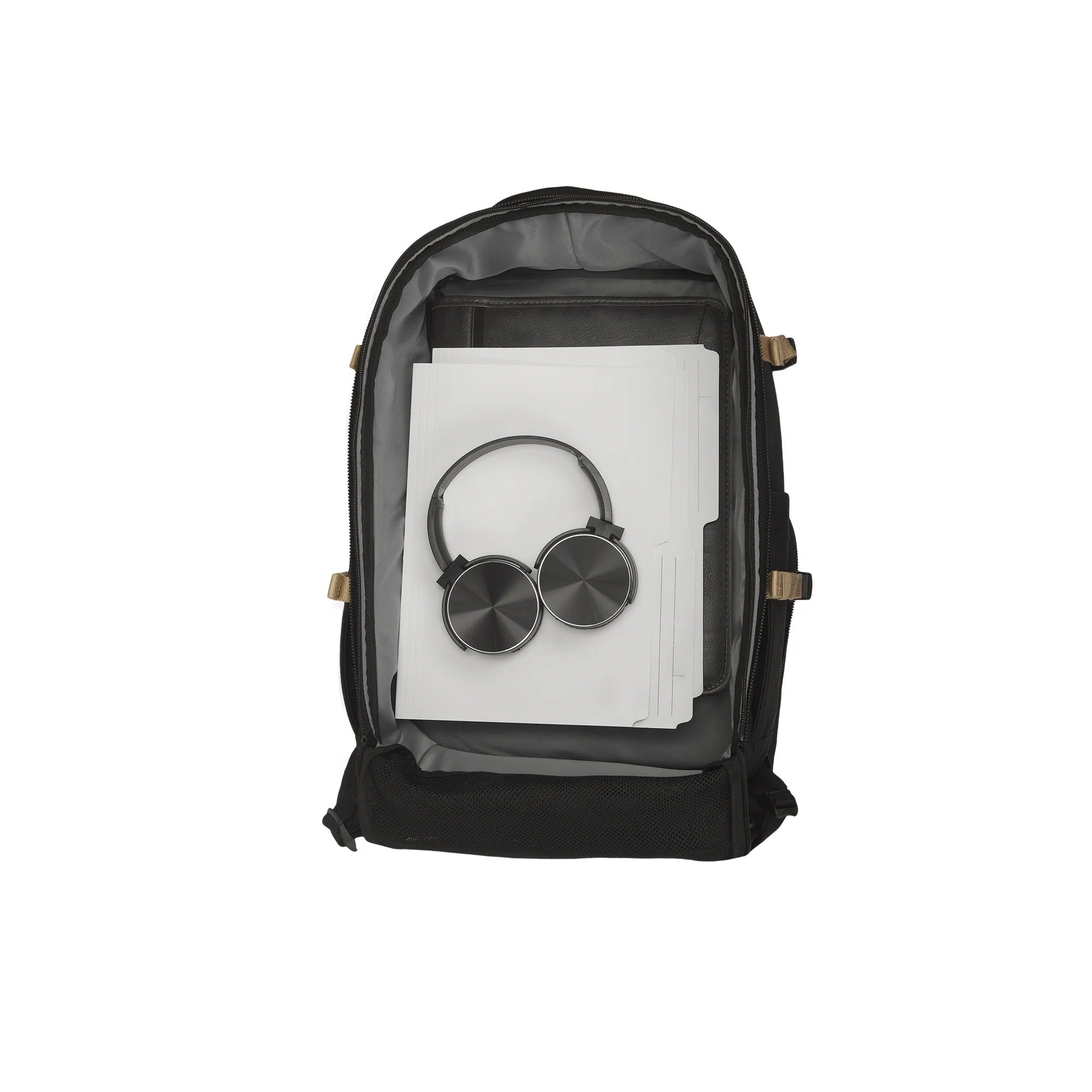 Black backpack with a clear front pocket containing a pair of headphones and a book on a white background