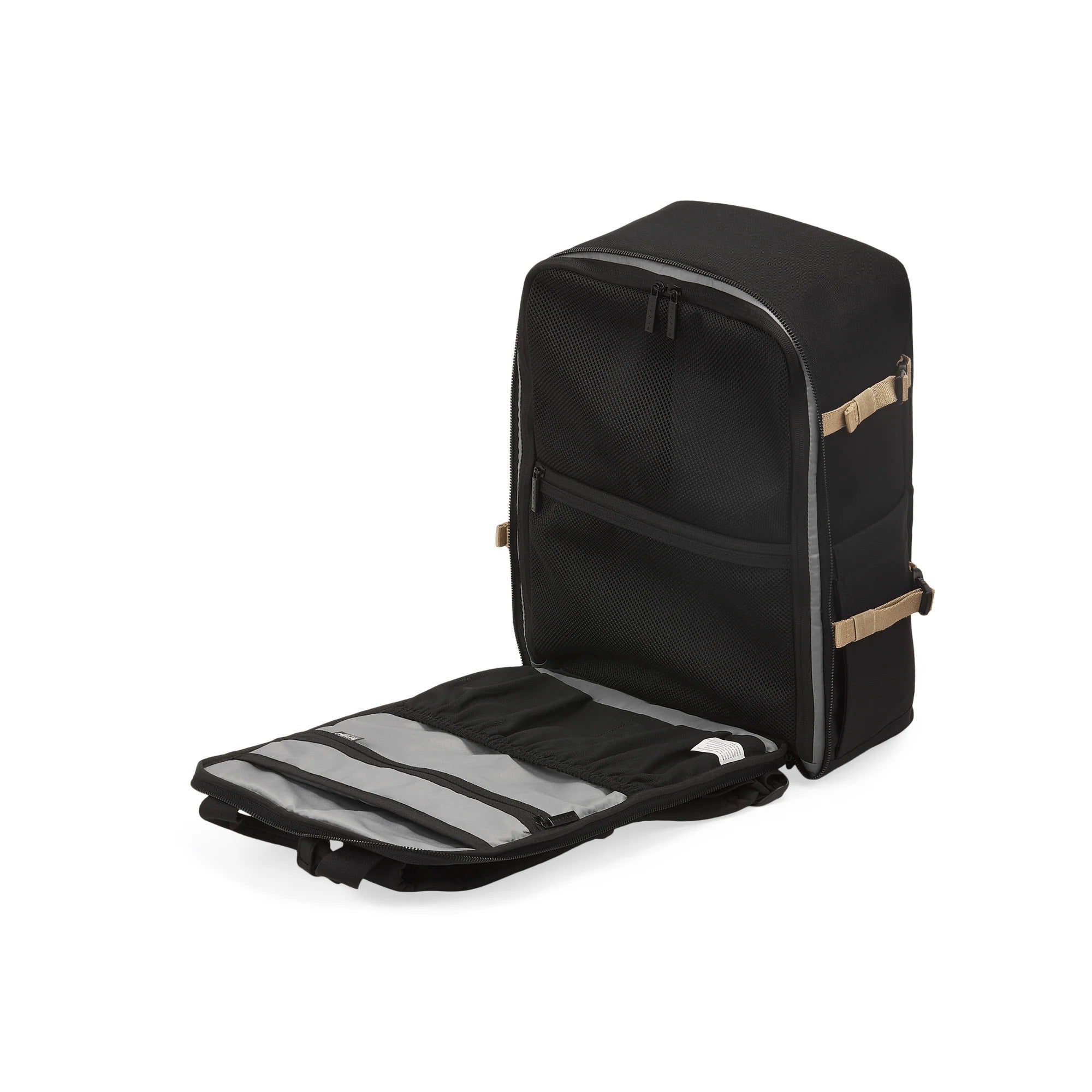 Black backpack with a gray interior on a white background