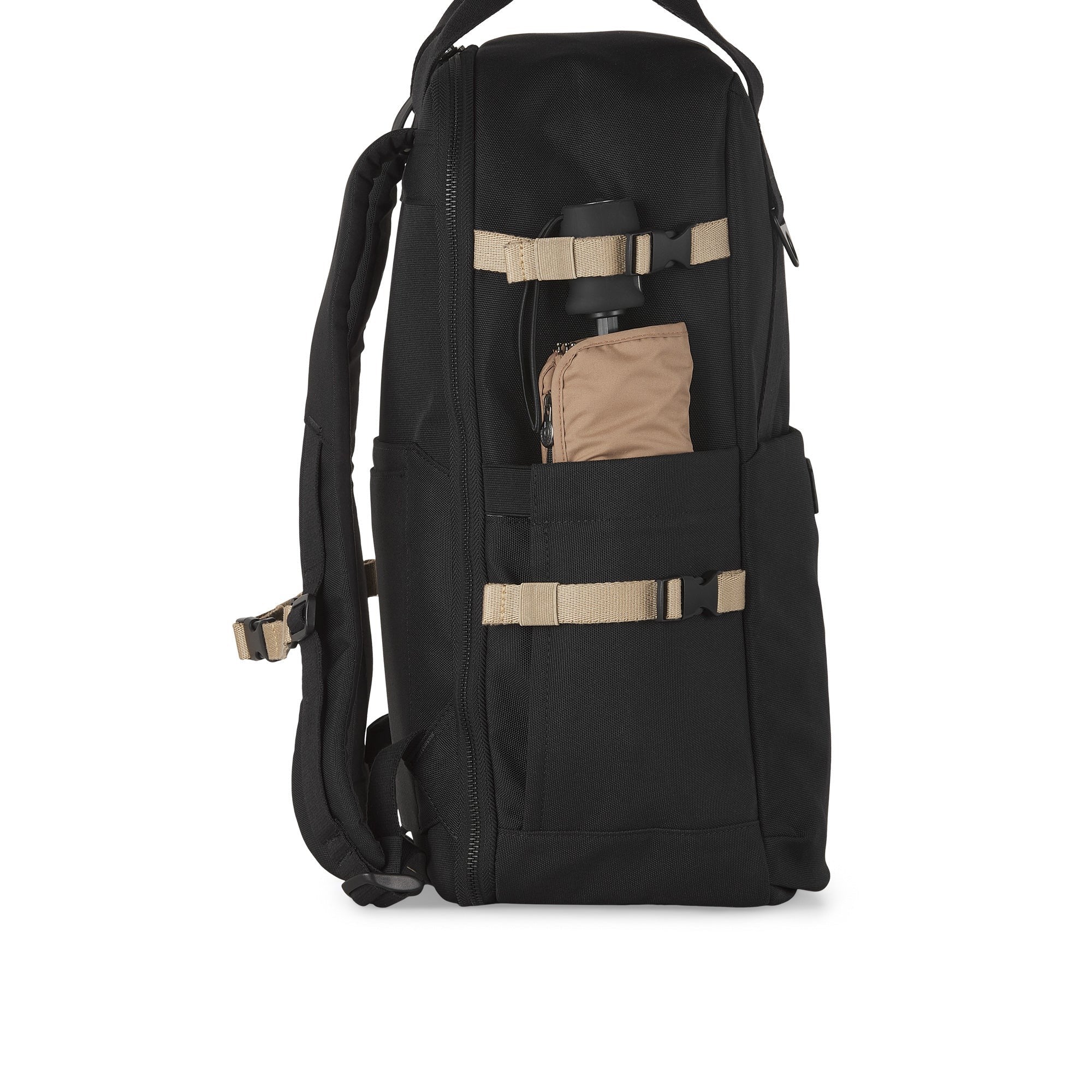 Black backpack with beige accents on a white background