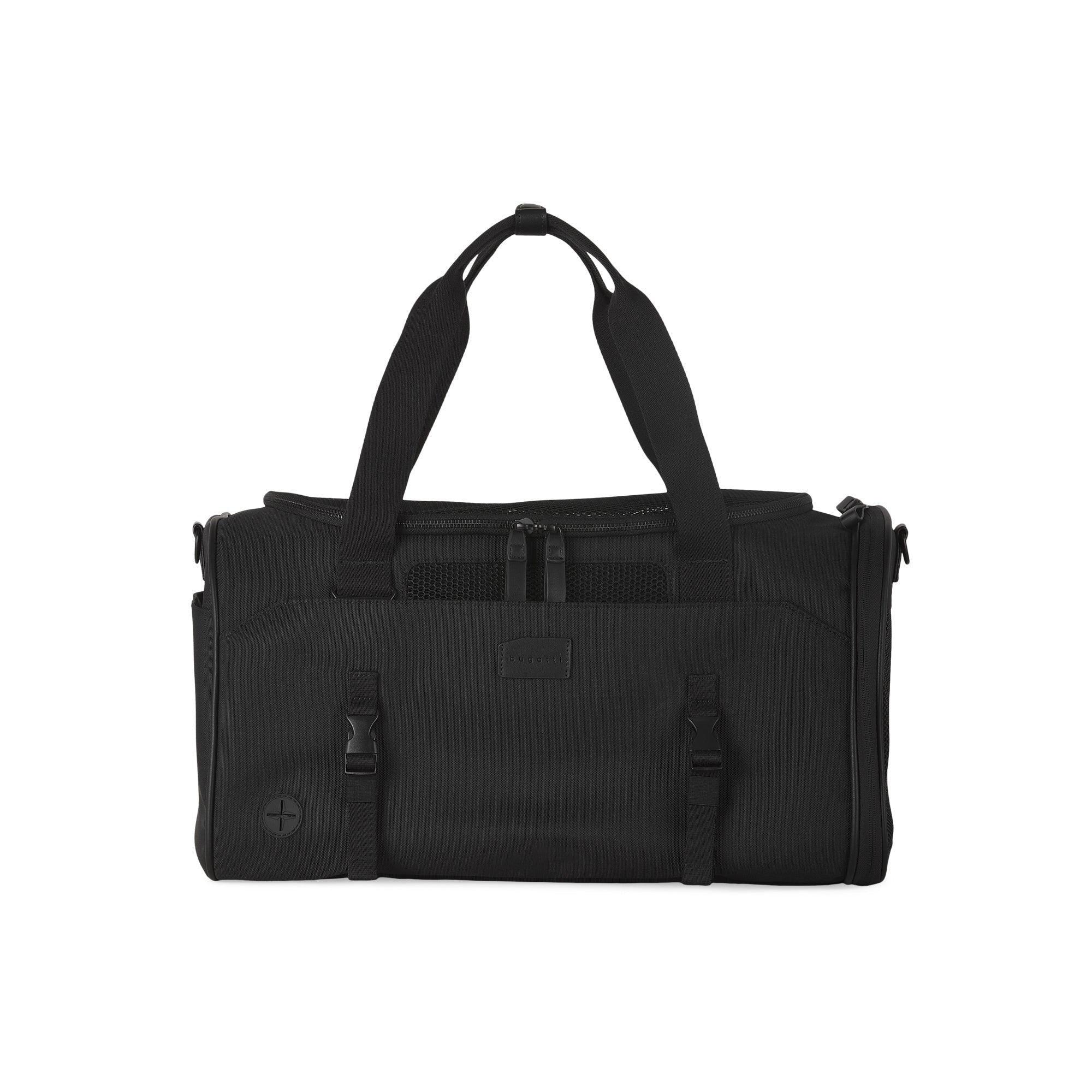 Black duffel bag with multiple straps on a white background