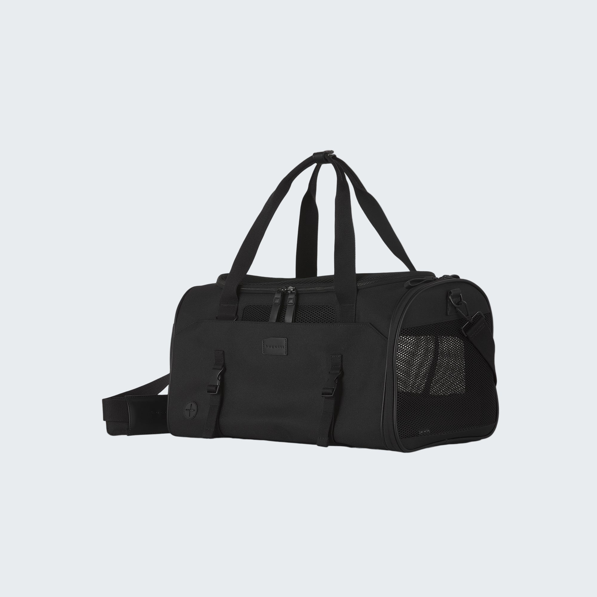 Black duffel bag with mesh side pocket on a white background