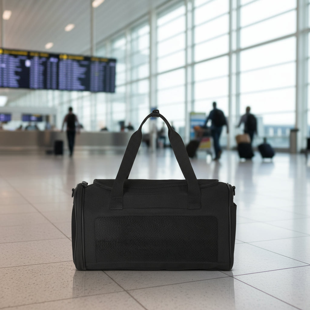 Black duffel bag with mesh side on a white background