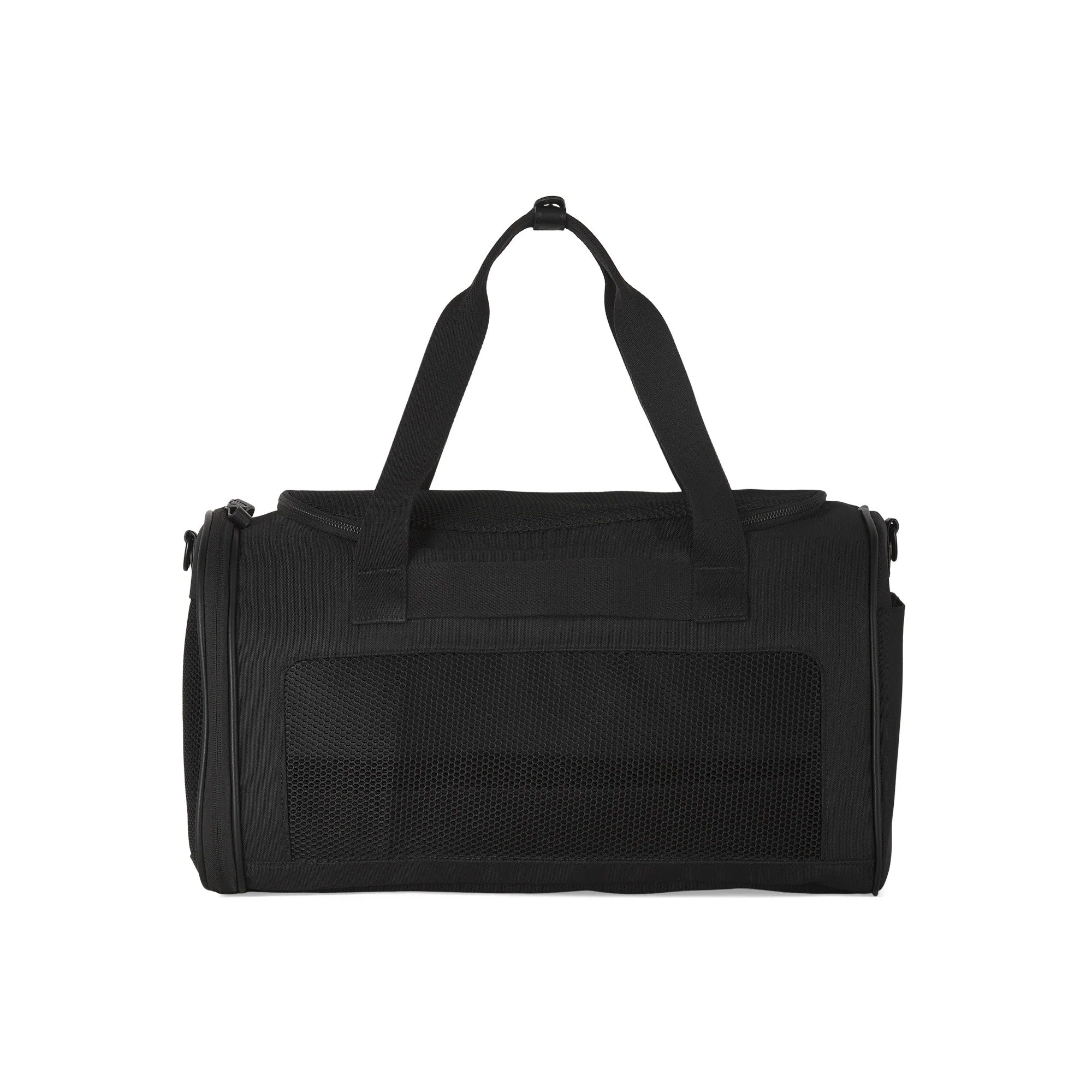 Black duffel bag with mesh side on a white background