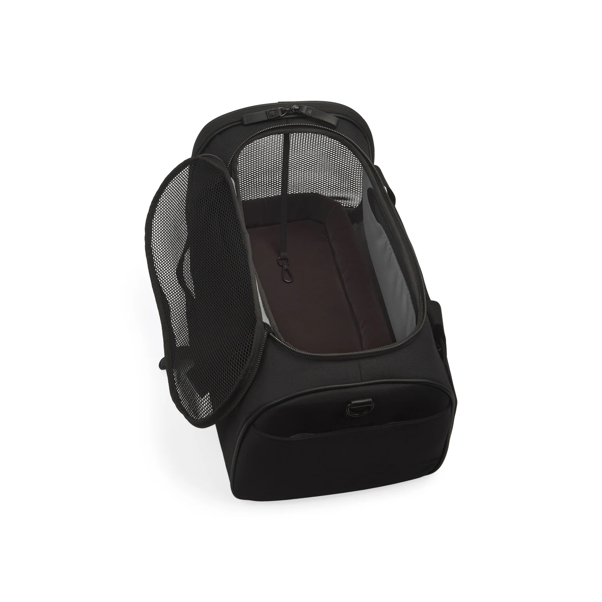 Black pet carrier with mesh sides on a white background