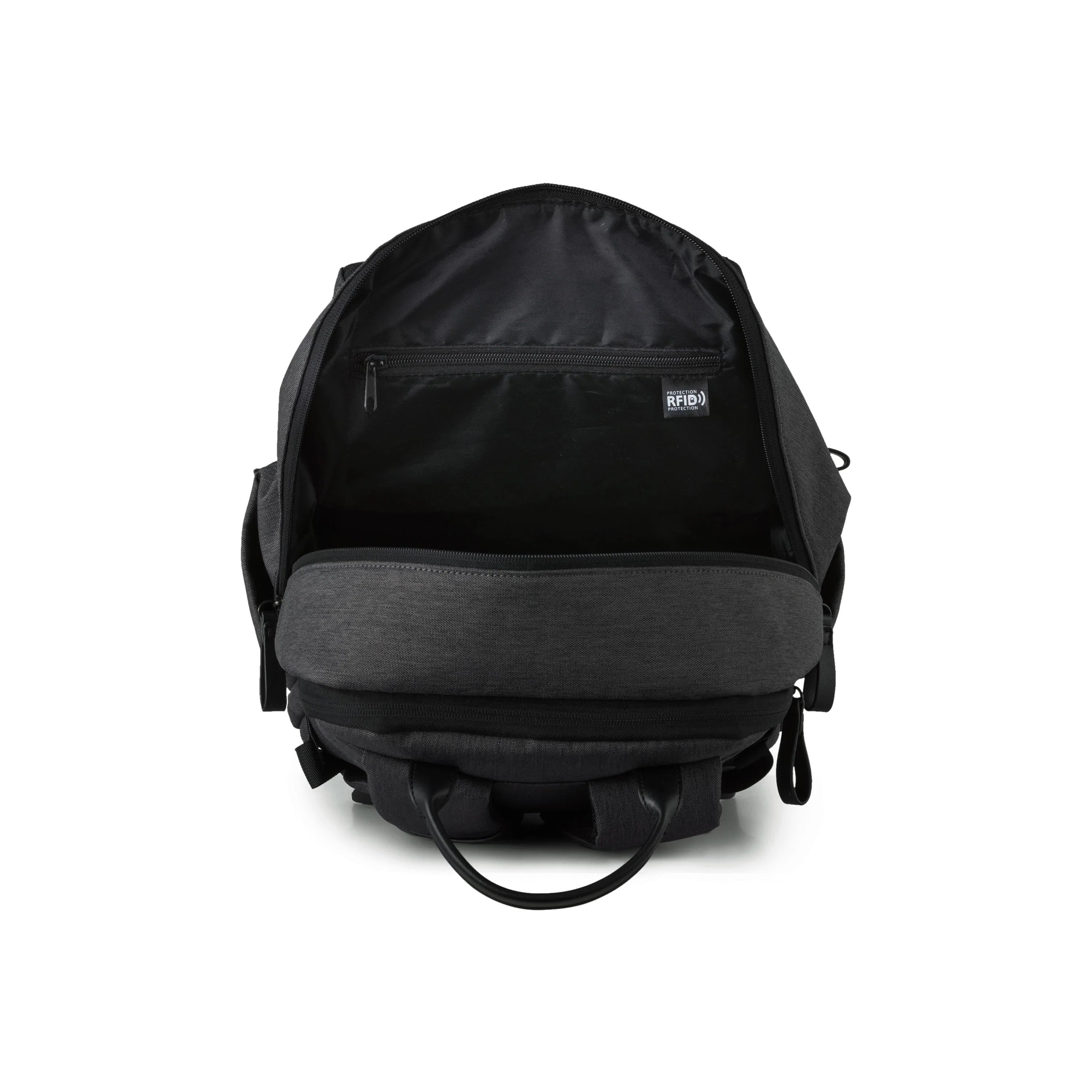 Black backpack with gray base on a white background