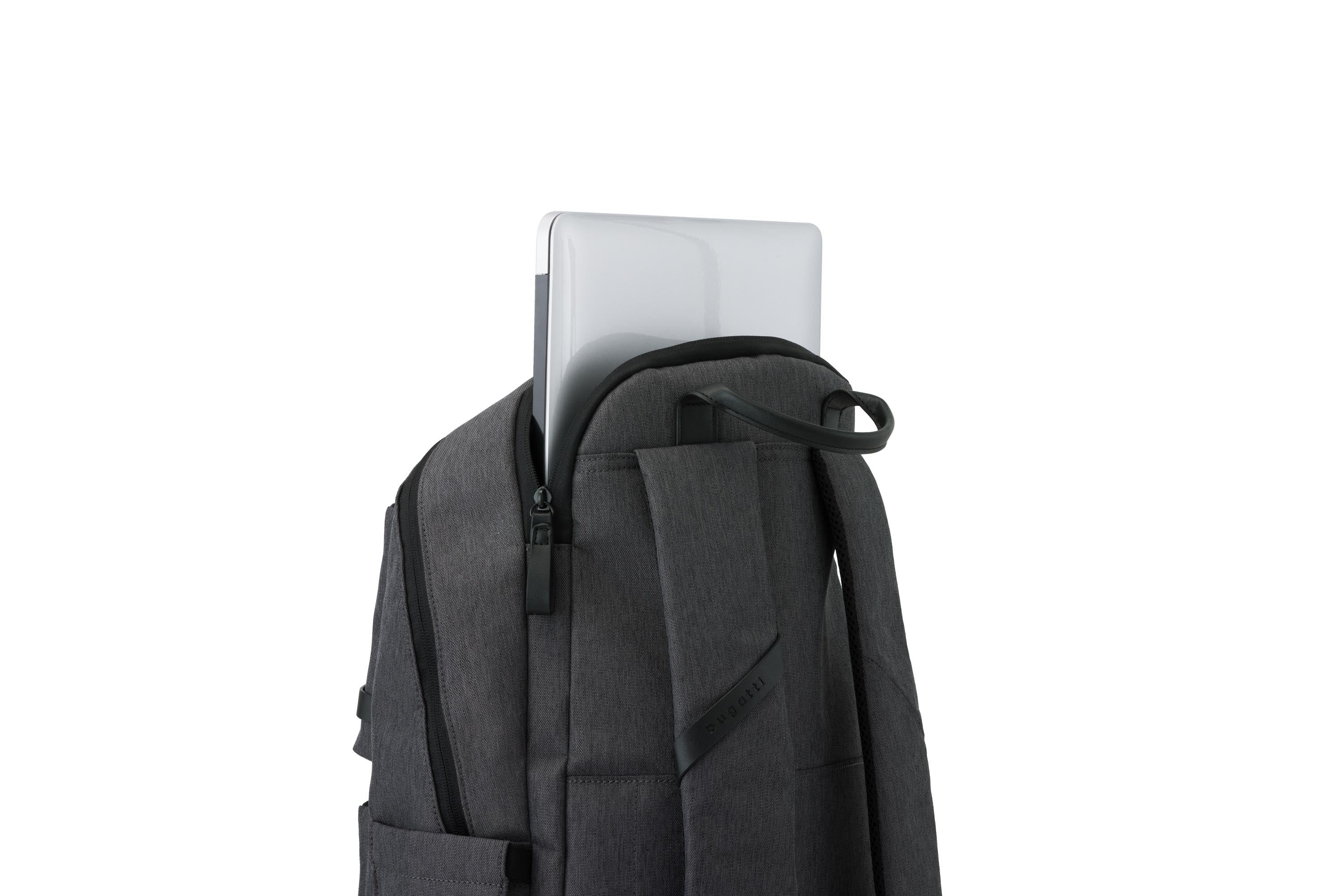 Gray backpack with a laptop compartment on a white background